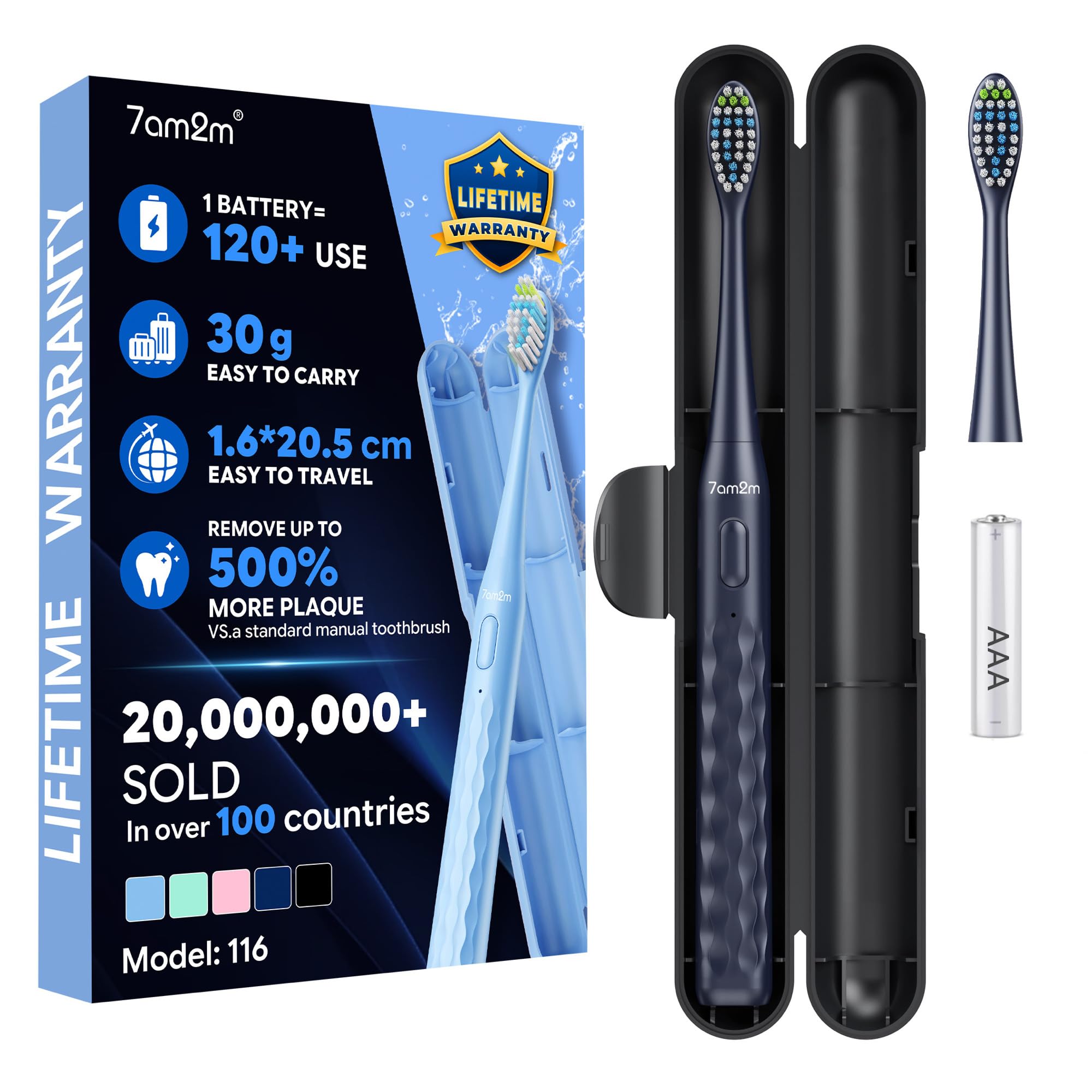 7AM2M Sonic Travel Electric Toothbrush for Adults &amp; Kids, Travel Case&amp;2 Brush Heads, Battery Powered Sonic Toothbrush, Compact Design for Daily/Travel Use-Navy
