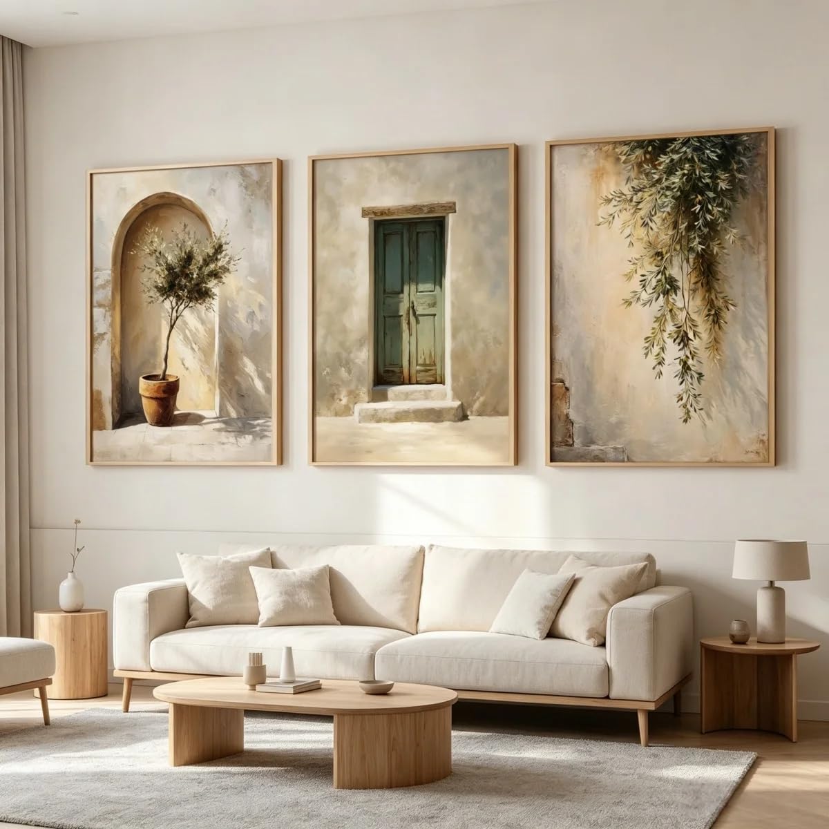 Póster con estampado de olivo en lienzo, color beige neutro, estilo rústico, para decoración de pared de patio (60x90cm - 3 piezas)