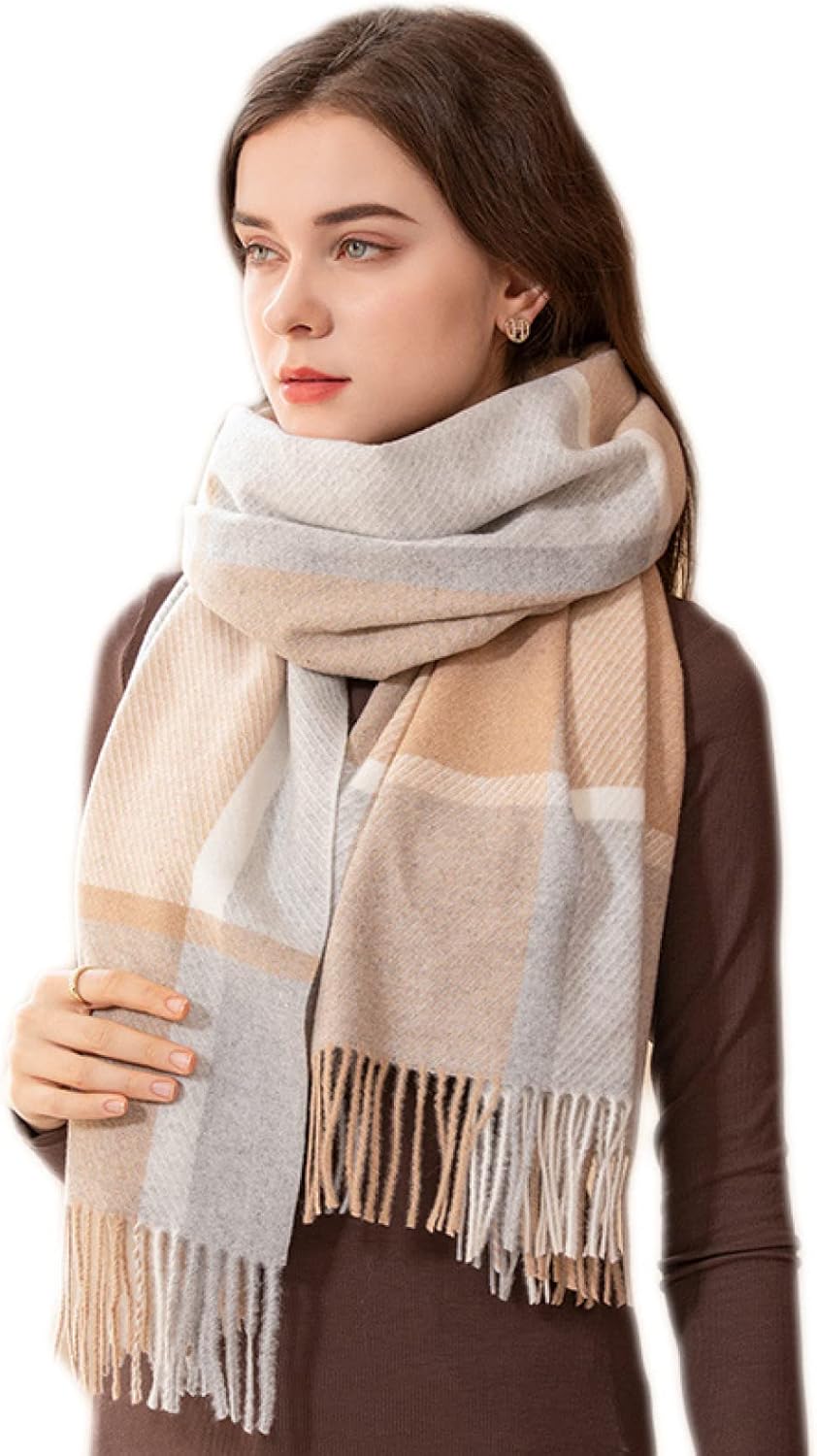 [JUIN] ウール タッチ チェック柄 ロング丈 大判ストール ウール タッチ 手洗いOK カーキ 手洗いできる ギフト ストール