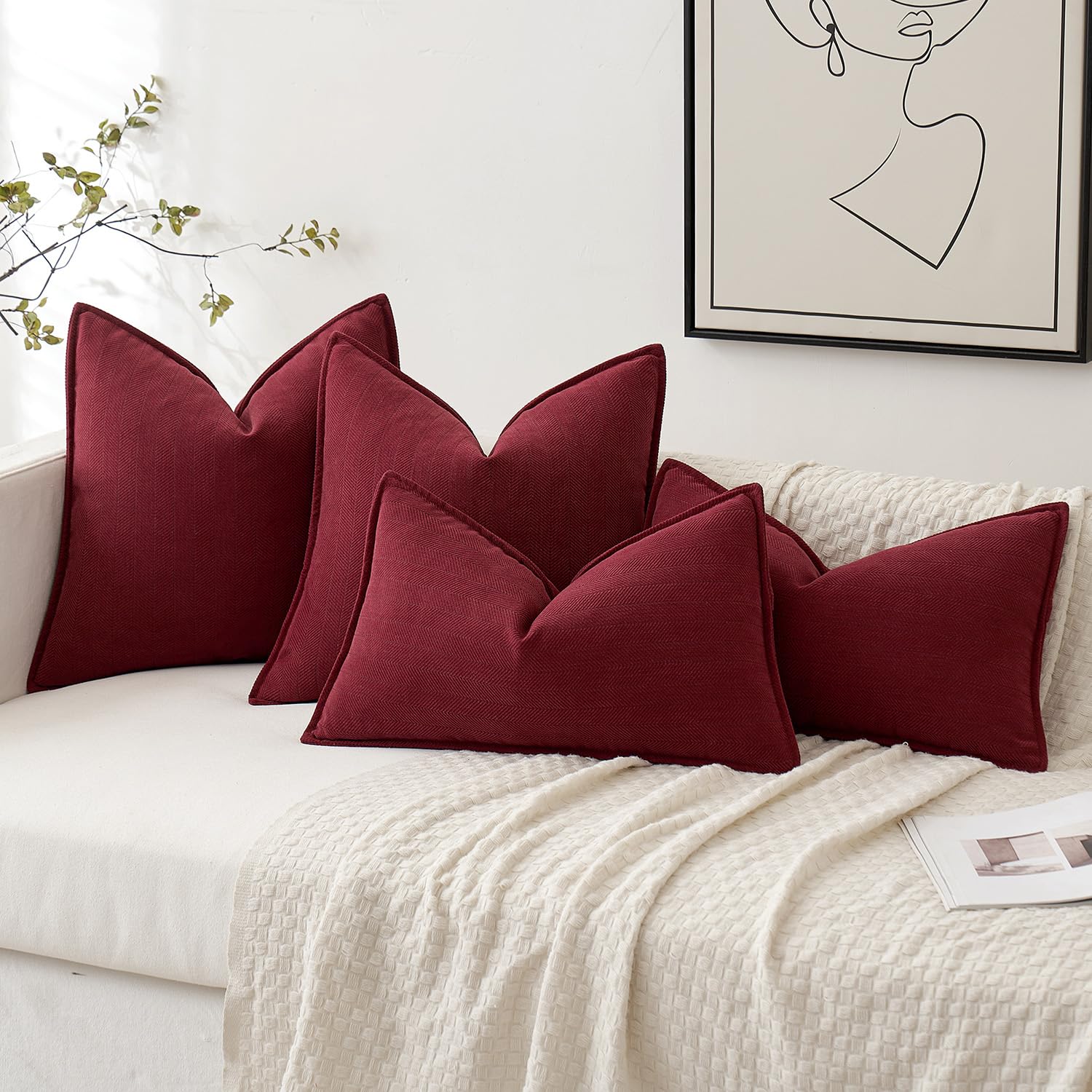 MIULEE Pack of 2 Burgundy Chenille Decorative Pillow Covers 20x20 Inch