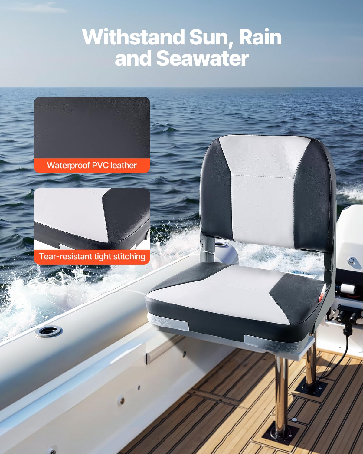 VEVOR Asiento de Barco con Respaldo Bajo Silla de Barco de Pesca Plegable con Cojín de Esponja Espesado y Cuero de PVC Impermeable Asiento de Bote Abatible para Barcos de Pesca, Yates, Negro y Gris