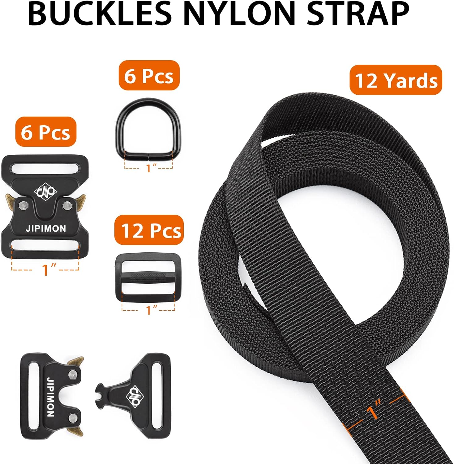 Nylon Strap, 1 Inch Webbing Nylon Strap With Heavy Duty Metal Buckles, Include Tri-Glide Slide Clips Metal D Rings