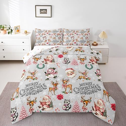 Miniatura 9 de Erosebridal Juego de edredón de Feliz Navidad, tamaño Queen para niñas y mujeres, juego de ropa de cama con lazo dorado con purpurina y diseño de