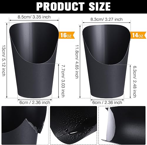 Miniatura 2 de Sieral 100 tazas de embutidos negros de 16 onzas desechables para papas fritas con soporte para papas fritas de papel, conos de charcutería, gofres,