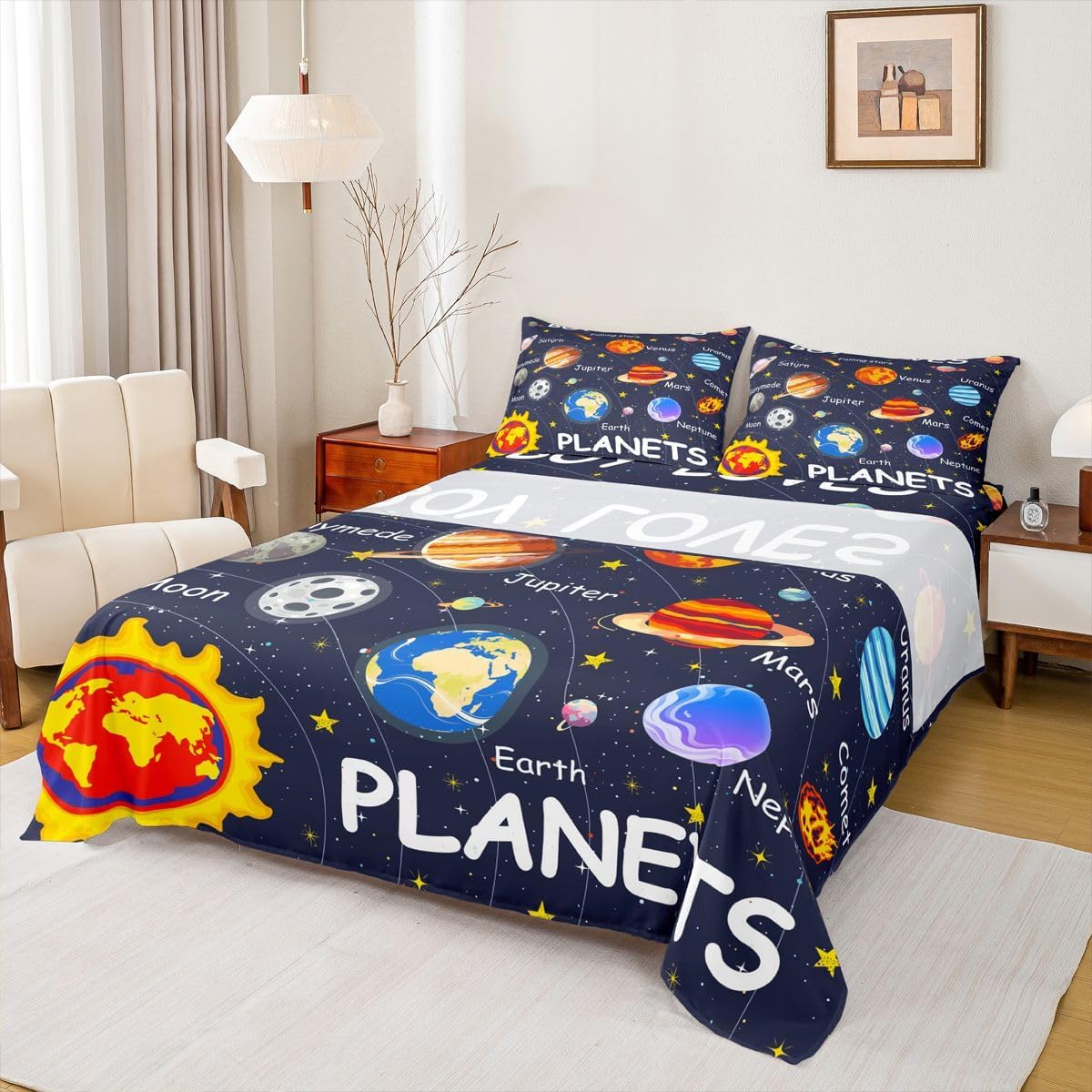 Feelyou Kids Solar System Sheet Set King Size Outer Space Bed Sheets Set for Boys Girls Teens Bedroom Decor Universe Planets Sheets with Deep Pocket Fitted Sheet Women Men Galaxy with 2 Pillow Case