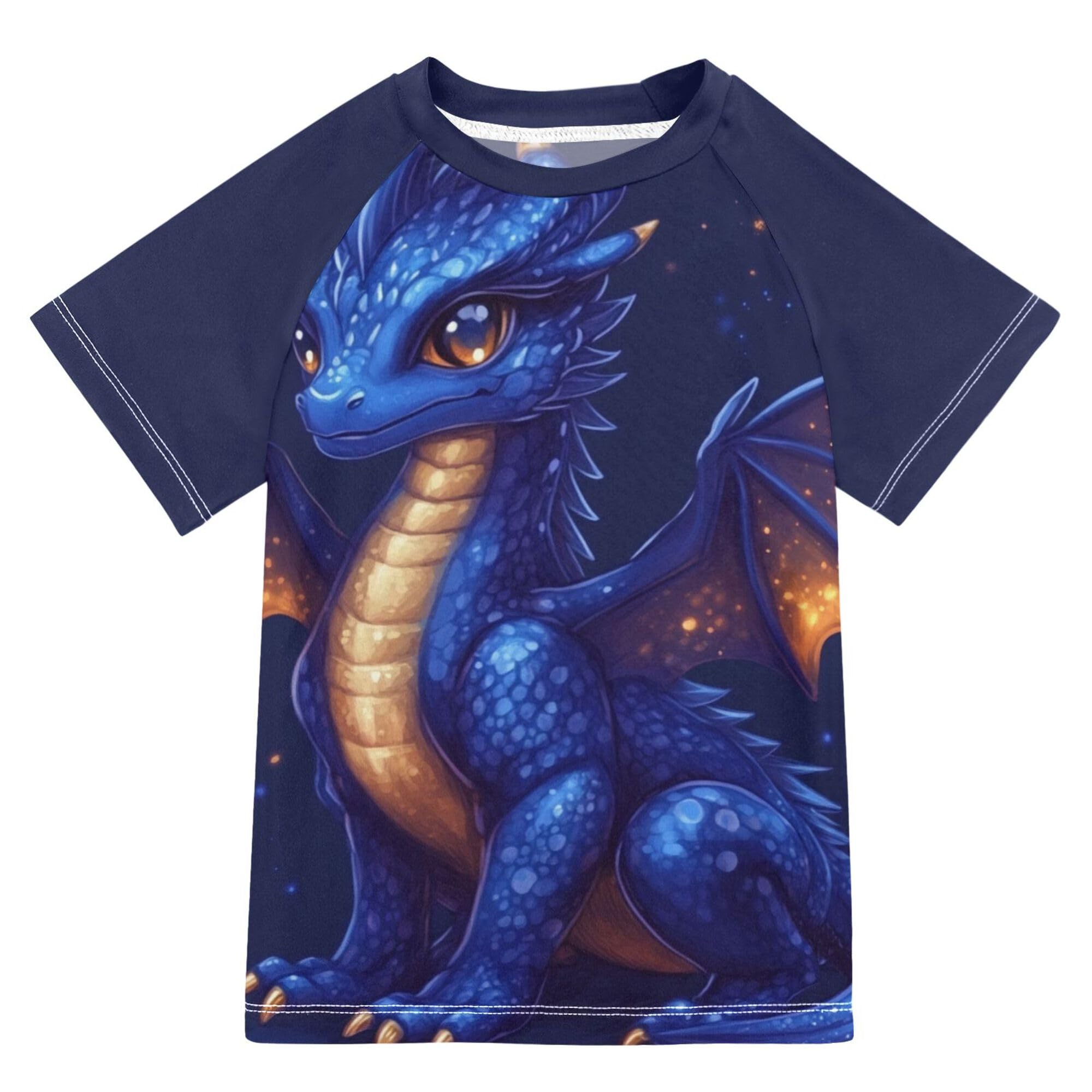 Wudan Cartoon Dragon Royal Blue Girl Bathing Suit UV Protection Childrens Bathing Suits Swimwears Work Out Clothes for Little Boy 7-8Y