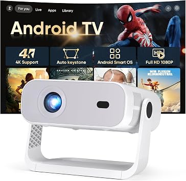 2026 New Smart Projector Built-in Apps Android 14 Native 1080P 4K Supported | WiFi 6 Bluetooth 5.2, 300 ANSI Lumens, Low Fan Noise (<30dB), Portable Mini Projector for Outdoor (Gray)