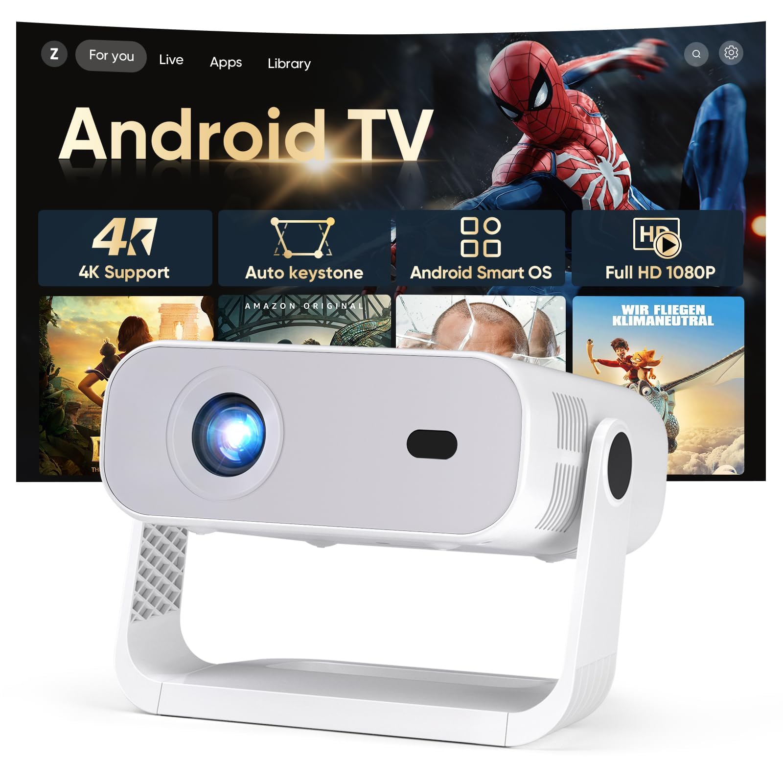 2026 New Smart Projector Built-in Apps Android 14 Native 1080P 4K Supported