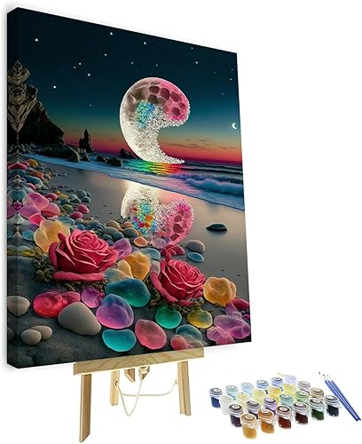 Kit de pintura por números de playa con rocas para adultos, Moonbend DIY Kit de pintura al óleo, lienzo nocturno, pigmento acrílico, pintura de