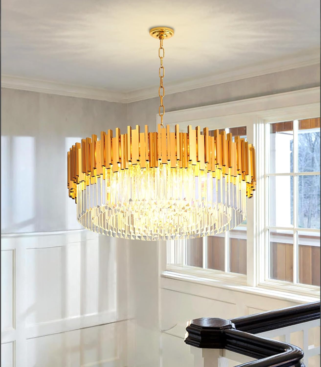 32" Large Crystal Chandelier Dining Room 1 Tiers Light Fixtures Chandelier Round Chandeliers for Living Room Kitchen Island Foyer Entryway Gold