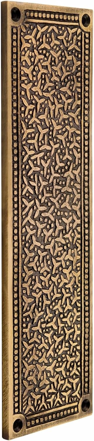 Cast Iron Door Push Plate, Antique Brass Decorative Finger Plate, 10 x 3 Inch Vintage Inca Pattern Door Hardware, Ornamental Push Plate for Entryway, Interior, Office, Hotel and Commercial Doors
