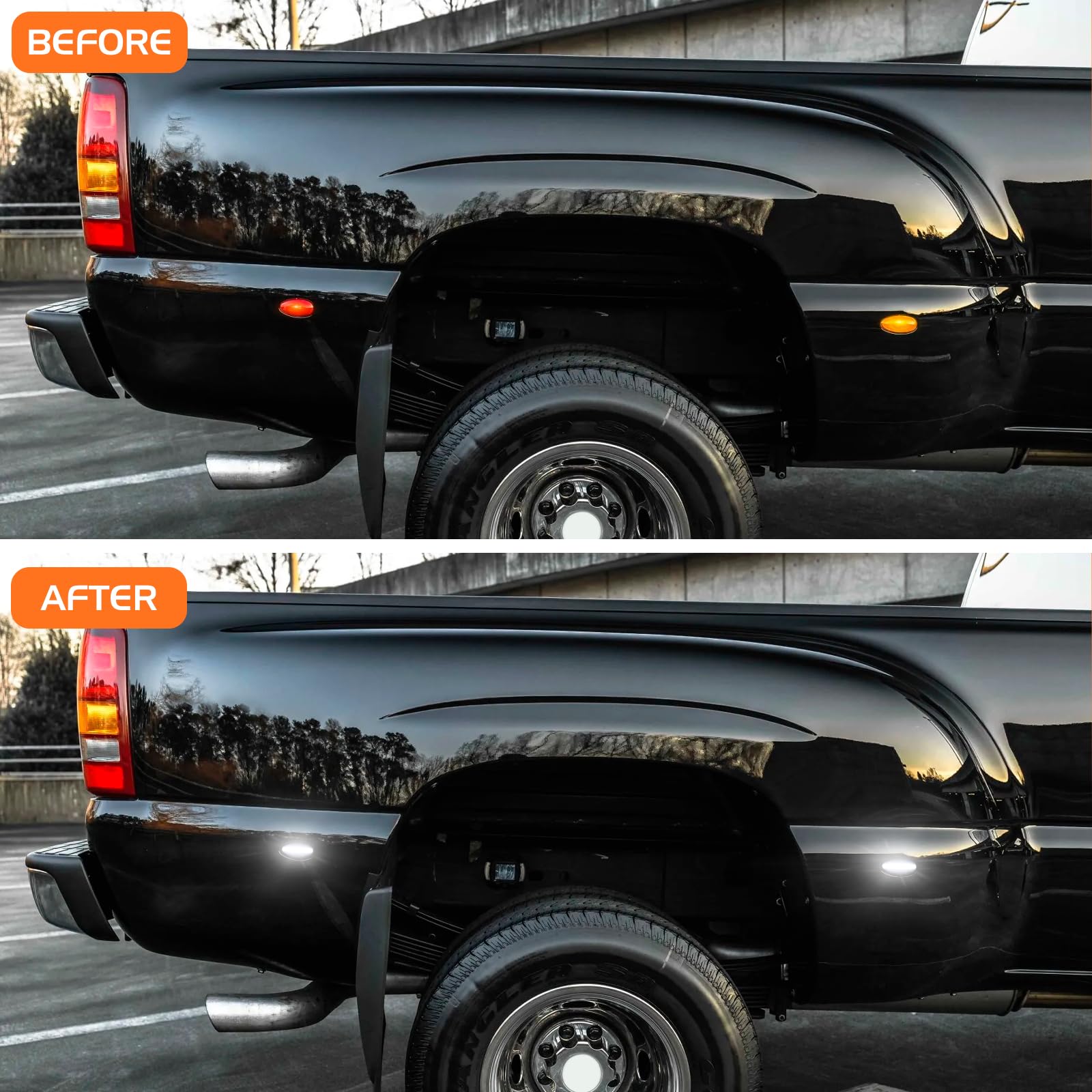 Smoked Lens White LED Side Marker Lights for 2001-2014 Chevy Silverado GMC Sierra 2500HD 3500HD Dually Bed Fender Front Rear Sidemarker Lamps, 4PCS