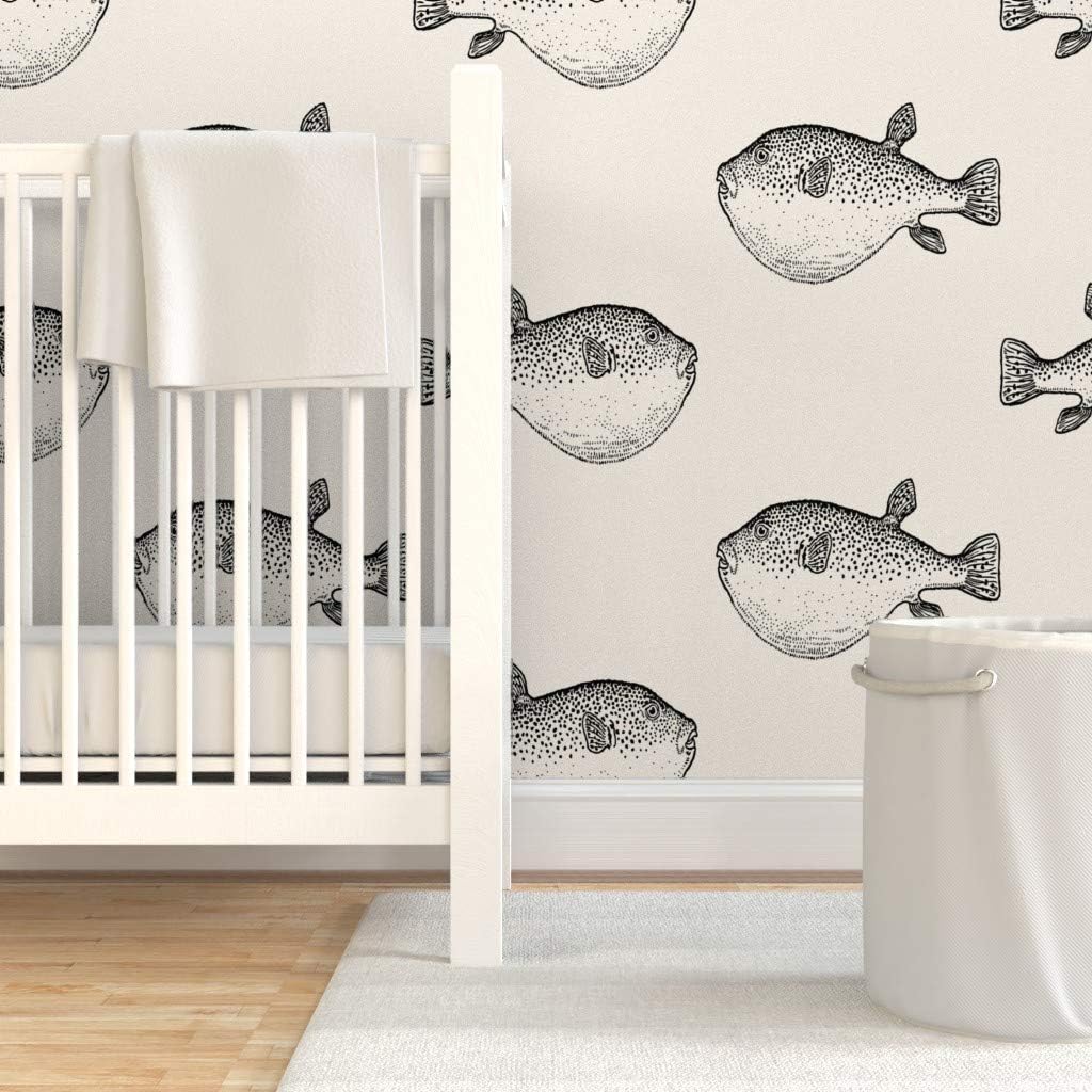 Removable Wallpaper 3ft x 2ft - Black Pufferfish Cream Fish Blowfish Nautical Coastal Beach Neutral Custom Pre-Pasted Wallpaper by Spoonflower