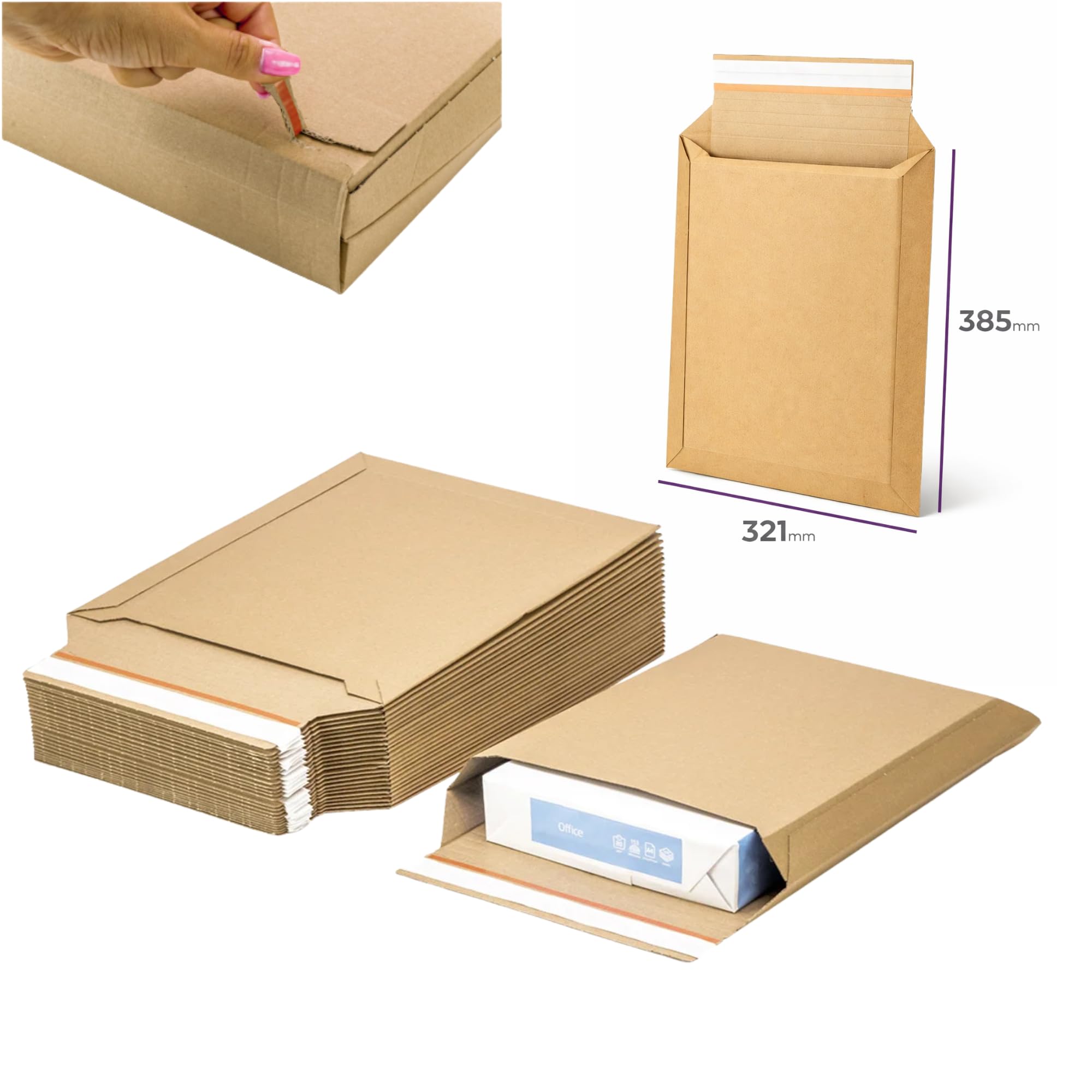 25 Sobres de Envío de Cartón Rígido A4+ 385 x 321 mm – Sobres de Cartón – Fuelle Expandible 70 mm, Cierre Autoadhesivo y Tira Abrefácil – Ideales para Libros, Catálogos y Documentos