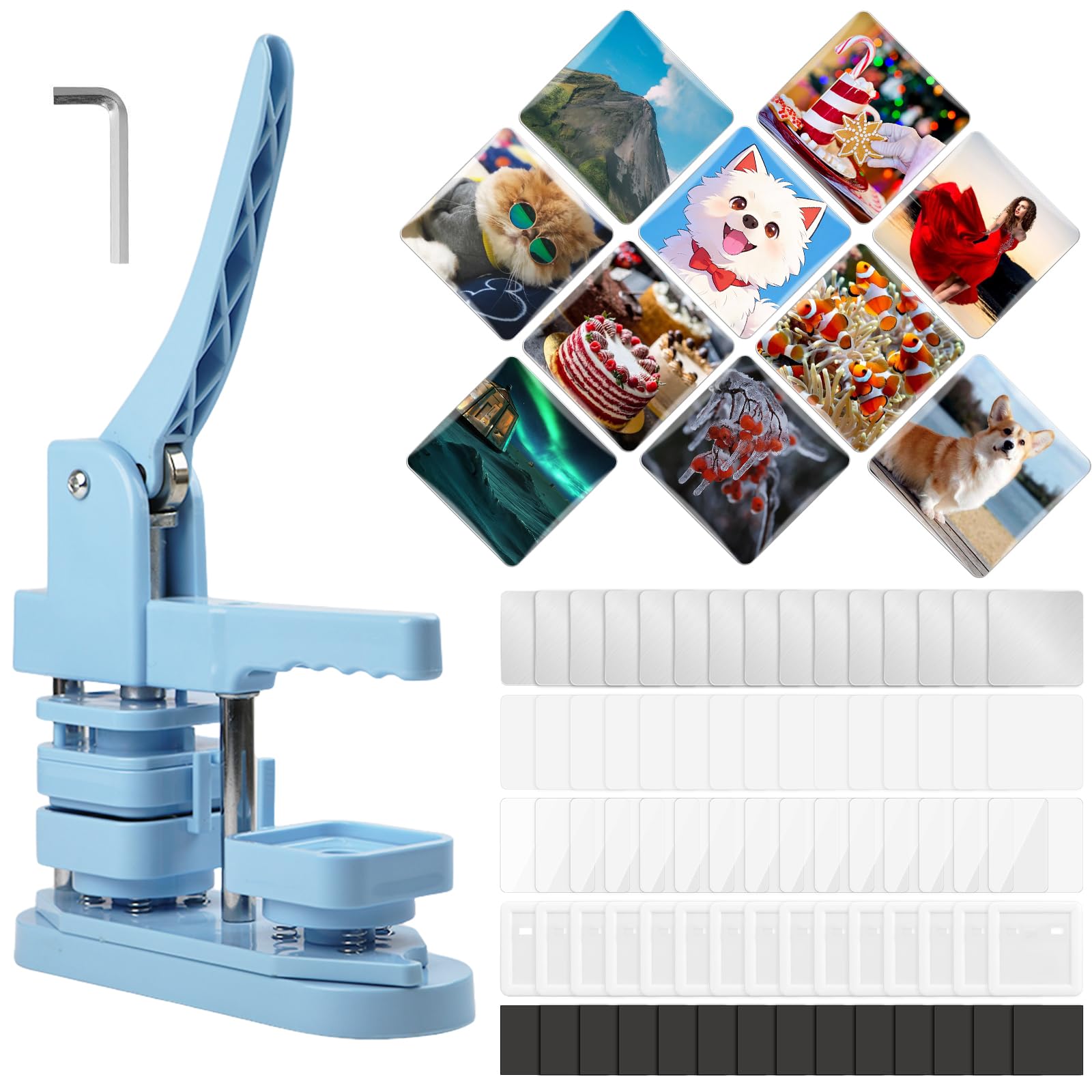 Quadratische Knopf-Maschine, 50 mm, DIY Pin Badge Maker Custom Badge Press Kit mit 100 Set Square Button Making Supplies für Geschenke Pin Maker