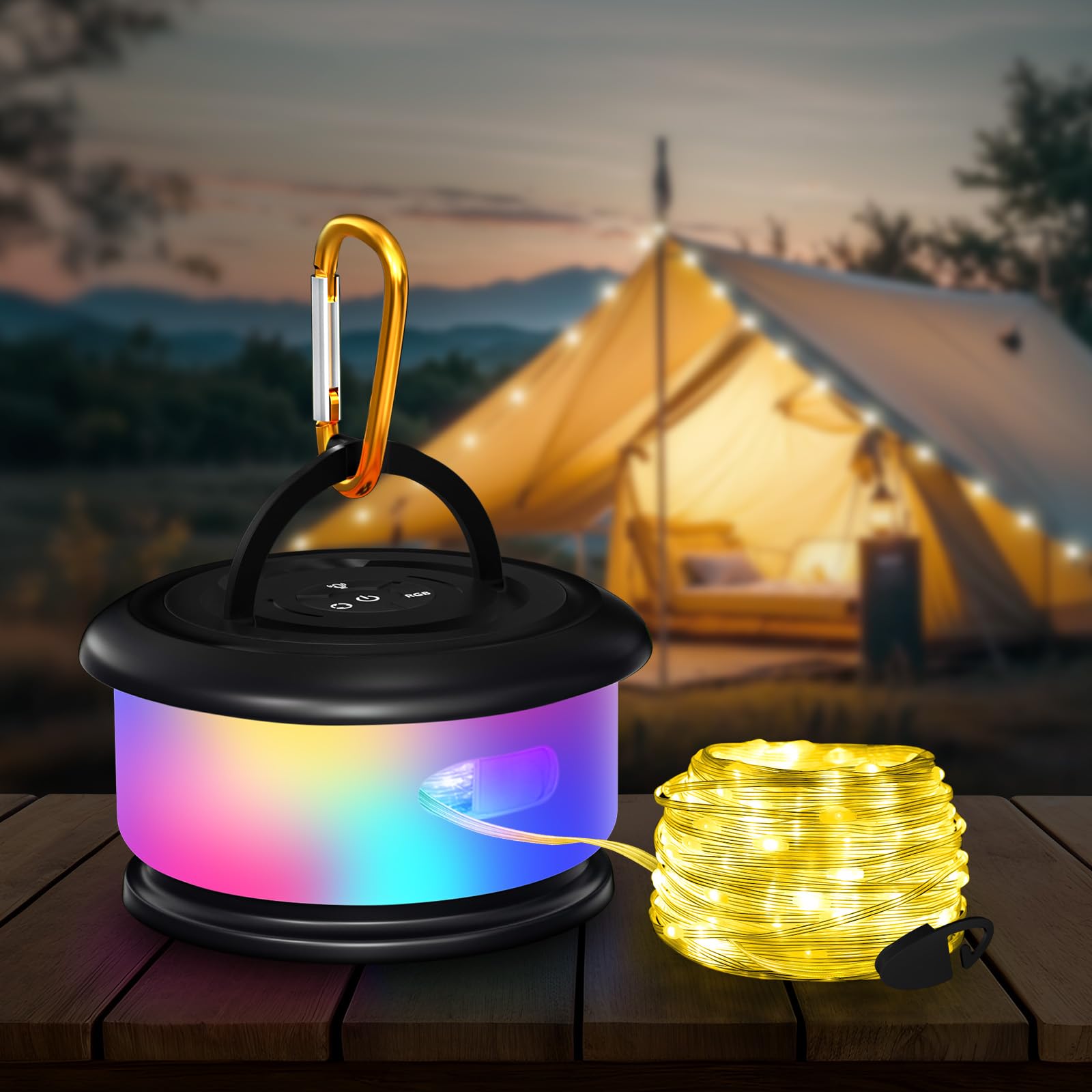 Einziehbare Lichterkette, 10 m RGB-Blitzlampe, wiederaufladbare LED-Seillichter, wasserdicht, tragbare Hängelaterne für Outdoor, Zelt, Terrasse, Baldachin