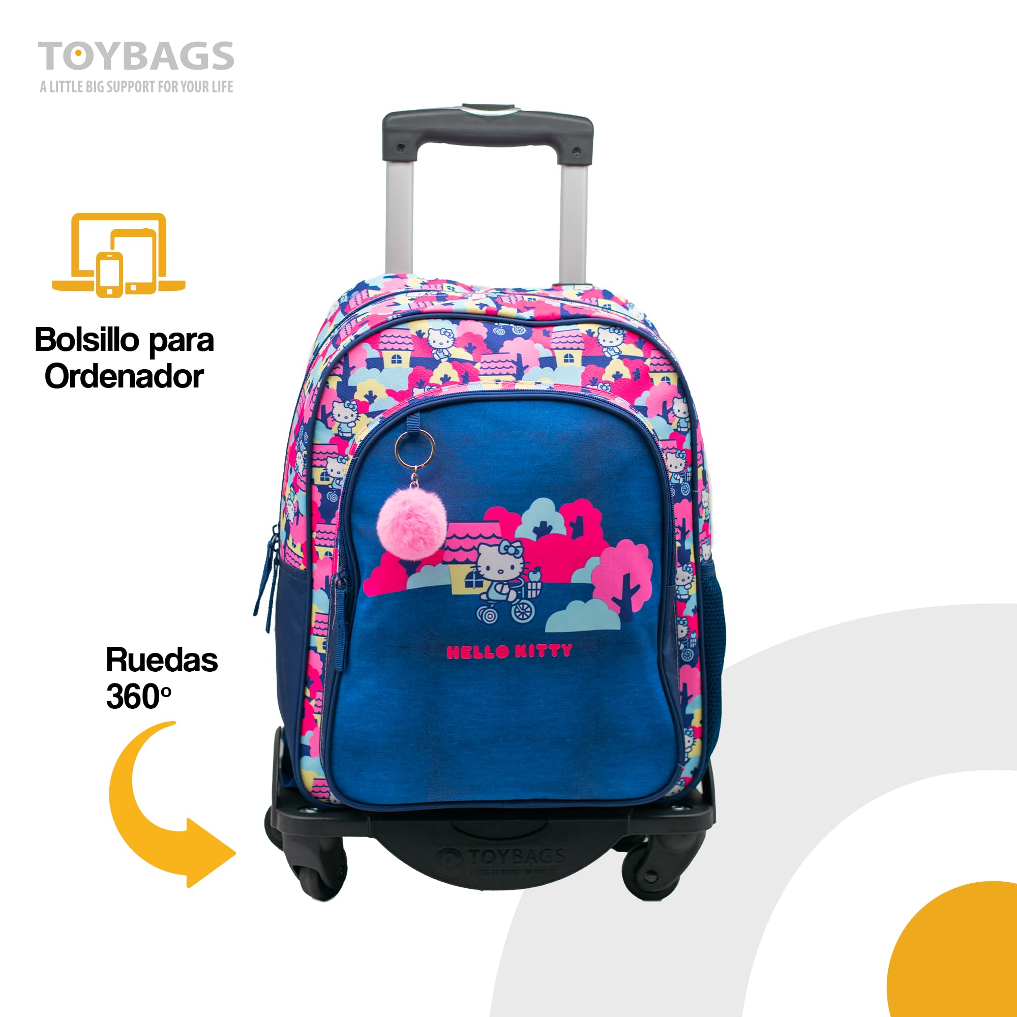 TOYBAGS Mochila Escolar Hello Kitty - Doble Compartimento Adaptable + Carro Negro Proteccion Lateral Y STOPER Frontal Anti CAIDA 4 Ruedas giratorias - 44 X 30 X 20 CM