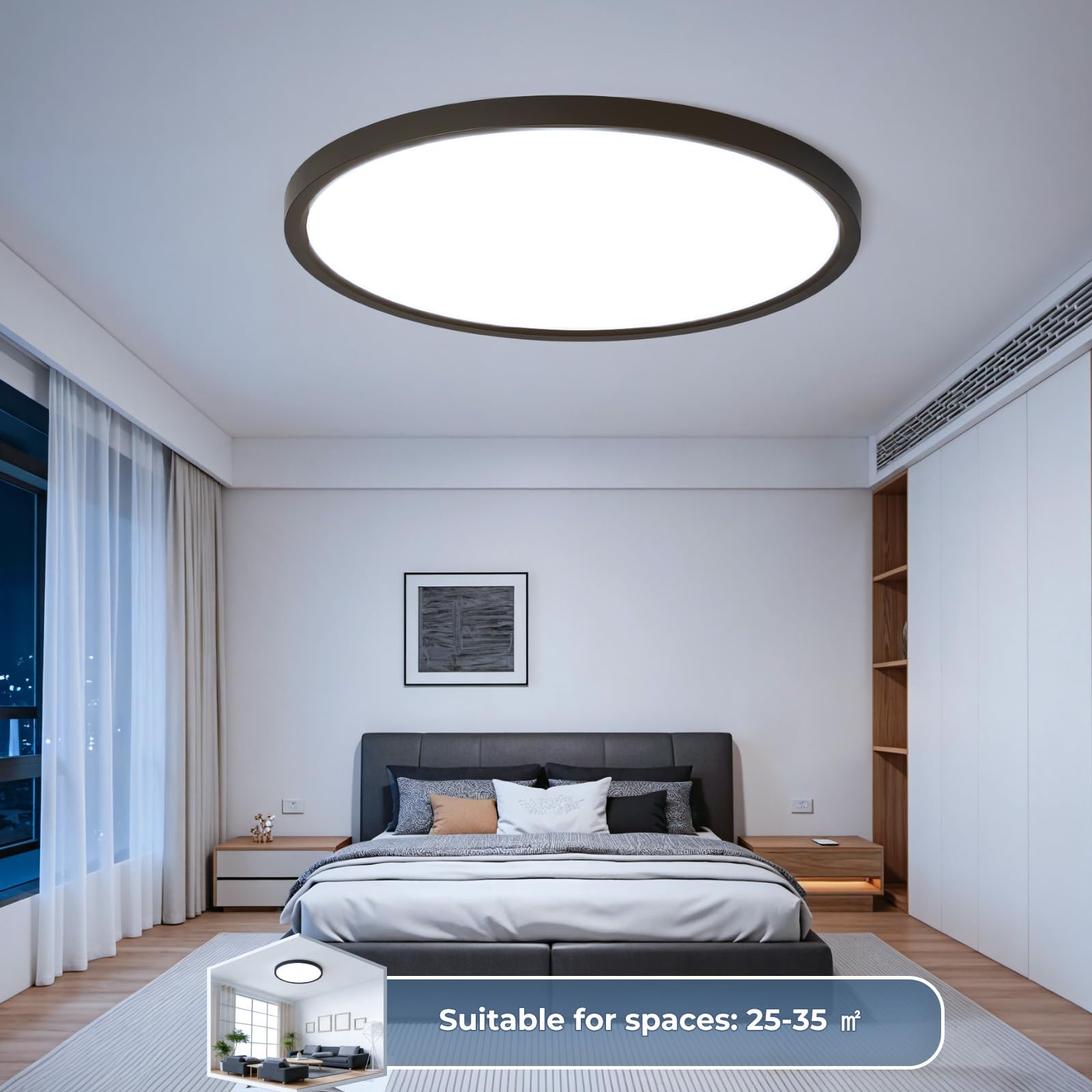Okrągła lampa sufitowa LED 52 W, 5200 lm, ultra płaska czerń, wodoodporna IP44, zimna biel 6500 K, nowoczesna lampa do salonu, sypialni, kuchni, biura