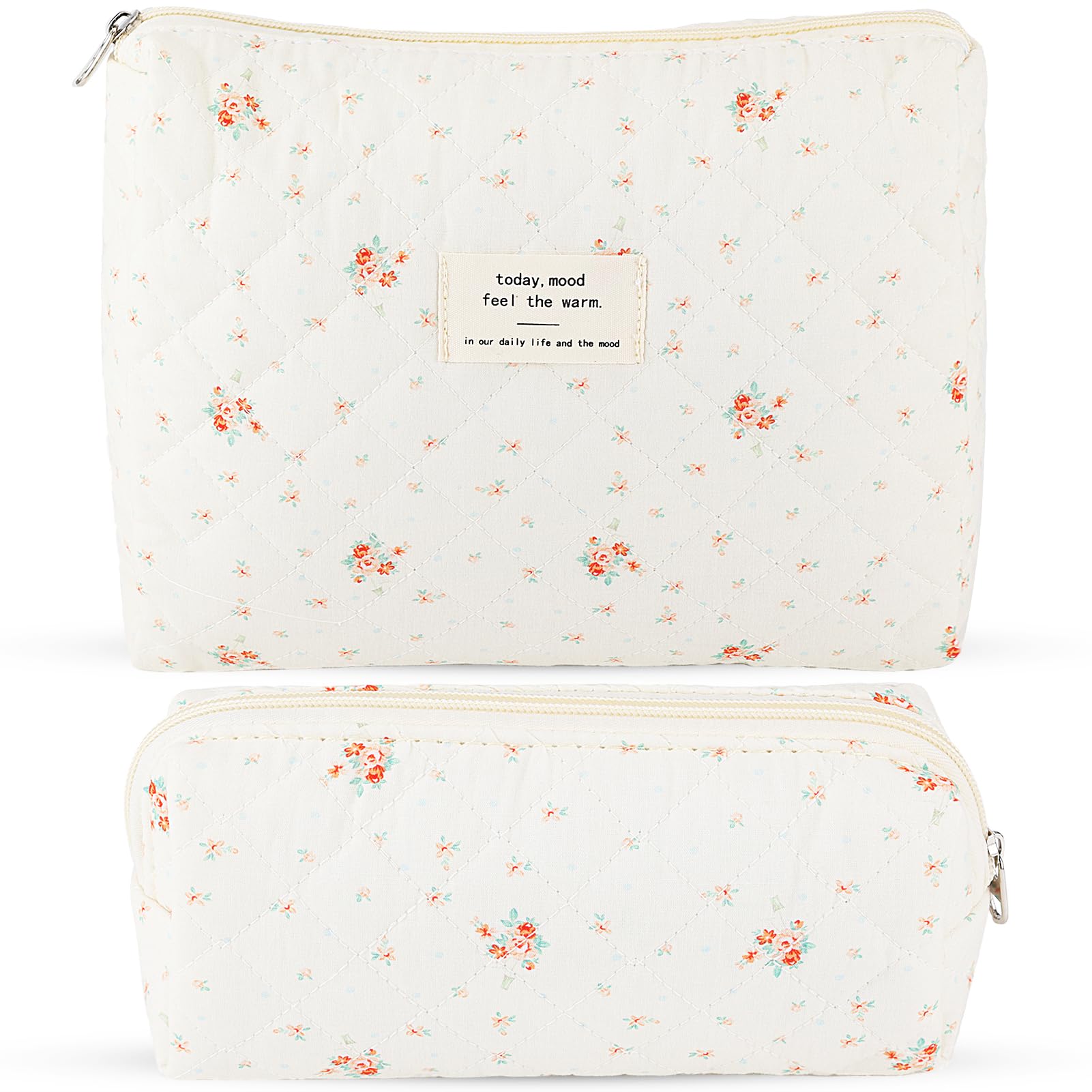 2Pcs Quilted Cotton Makeup Bag Large Travel Makeup Pouch Small Brush Holder Set for Women Floral Coquette Makeup Bag Cute Aesthetic Cosmetic Bag White