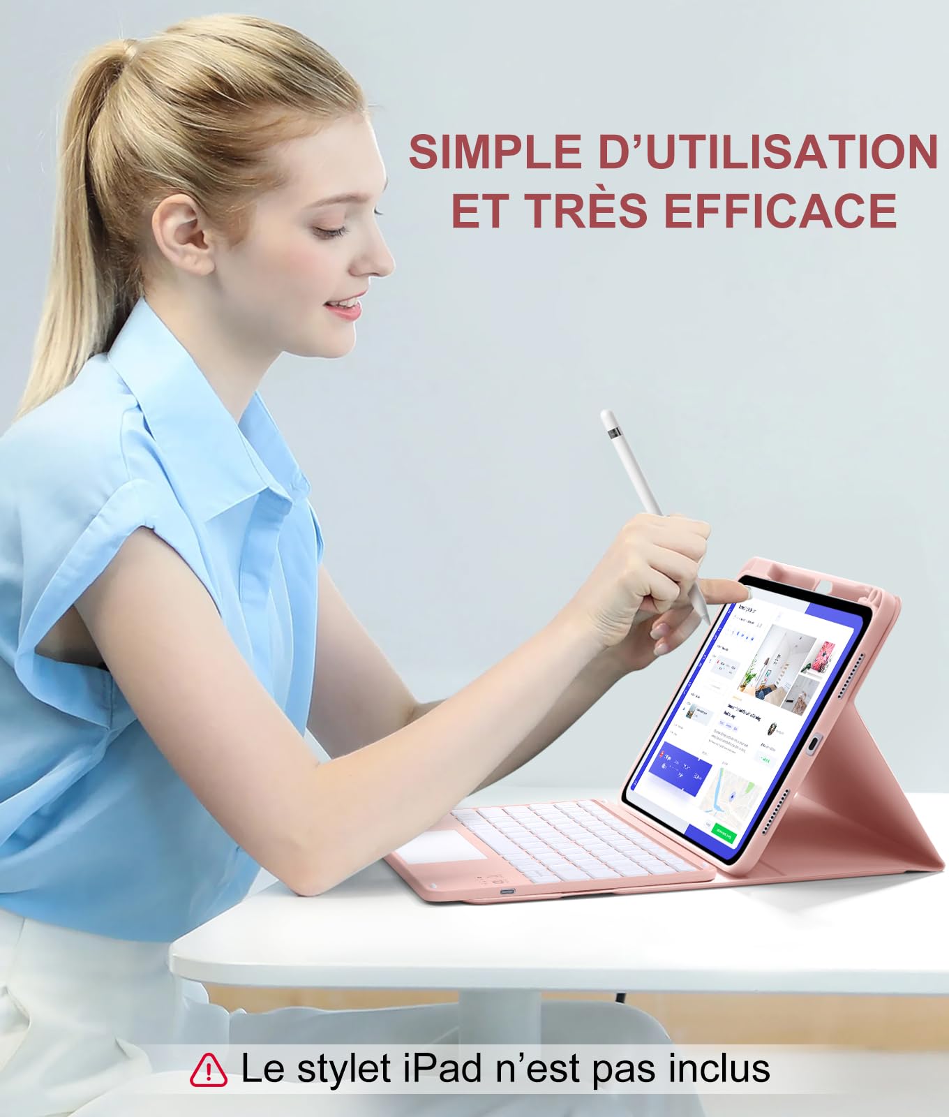 Vobafe Coque Clavier pour iPad A16 11/10 Ème Génération (11 Pouces 2025/10.9 Pouces 2022), Étui Keyboard avec Rétroéclairage 7 Couleurs et Pavé Tactile, Clavier AZERTY Rechargeable, Rose Clair