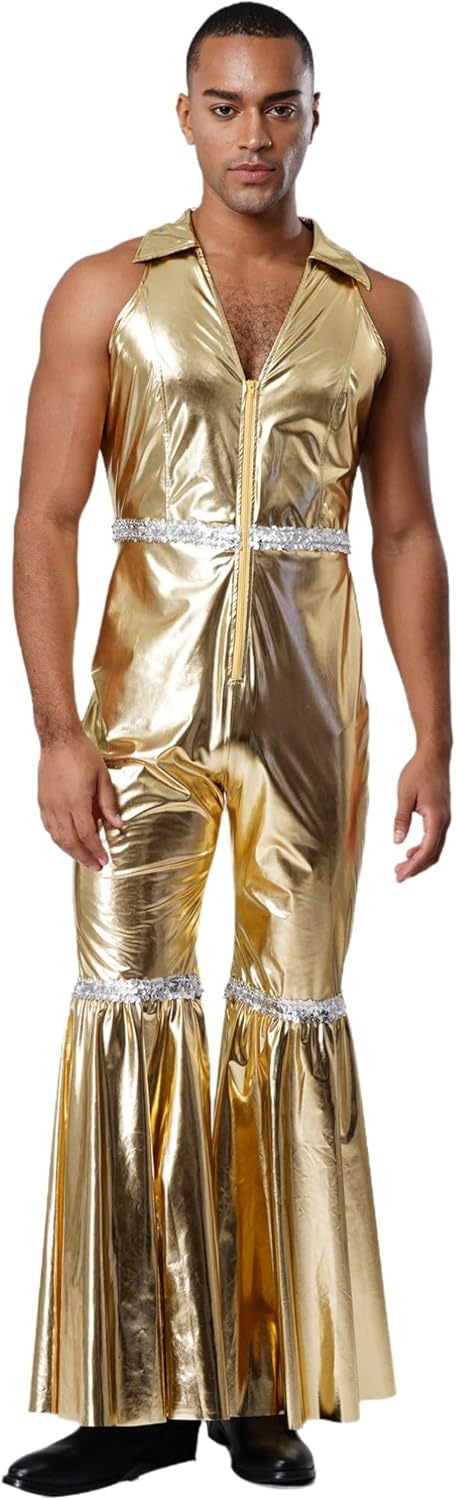 TiaoBug Mens 70s Disco Hippies Costume Shiny Metallic Unitard Sleeveless Bodysuit One Piece Jumpsuits