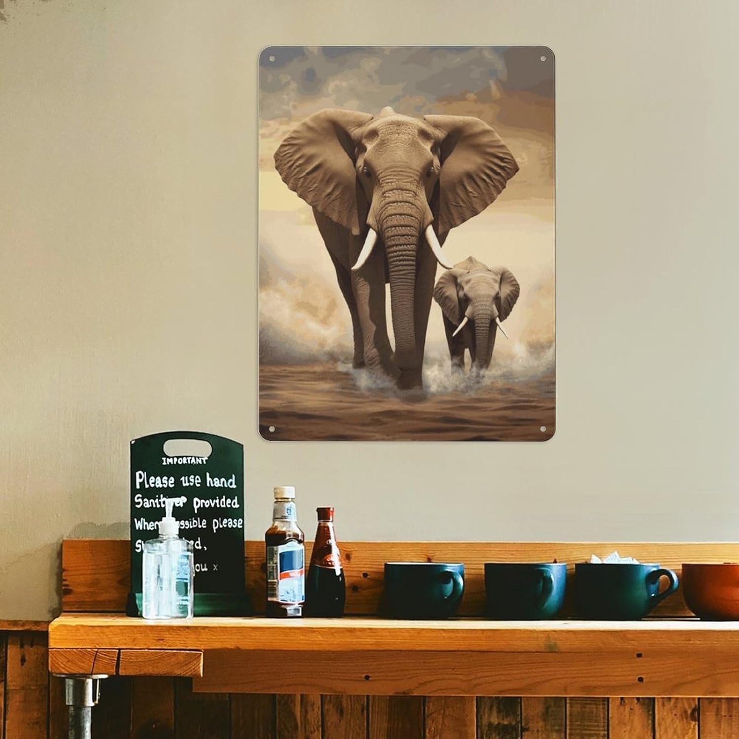 BVNMT Metal Hanging Paintings Elephant And Baby Elephant Printed Room Wall Decoration Posters Bedroom Kitchen Bar Cafe Metal Posters