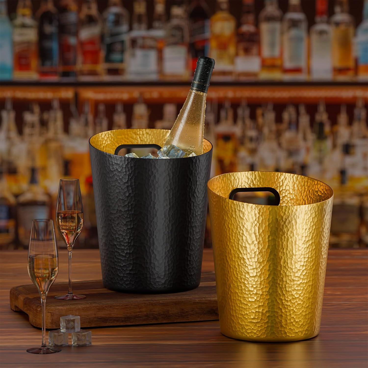 2 Pcs Gold Metal Champagne Bucket 4. 7 l Stainless Steel Doublewall Wine Ice Bucket for Bar, Party, Wedding, Banquet, Outdoor BBQ(Beveled Mouth Hammer)