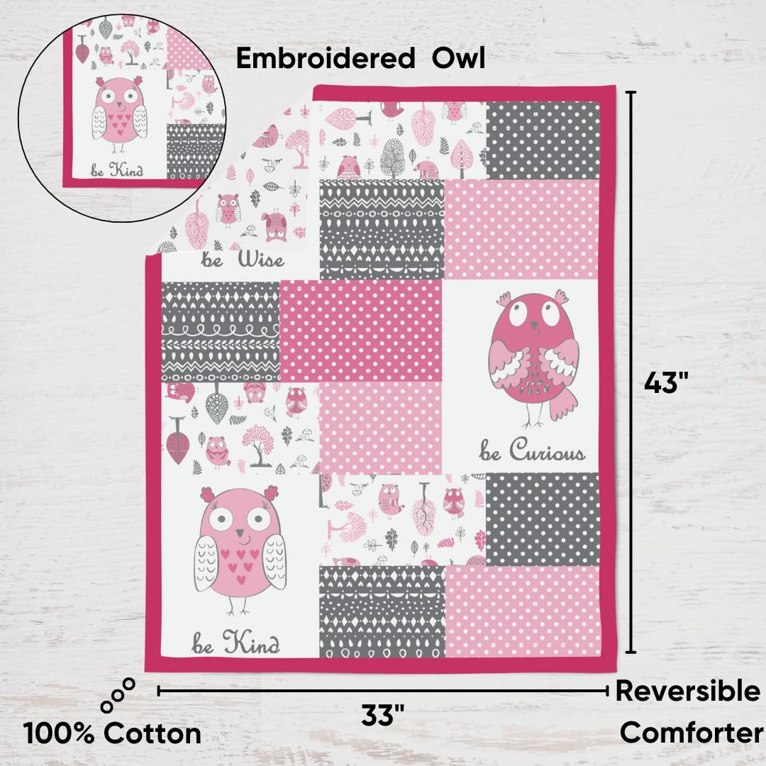 Bacati - 10 Piece Cotton Crib Bedding Set with 2 Fitted Crib Sheets - Owls in The Woods Pink Fuschia Gray