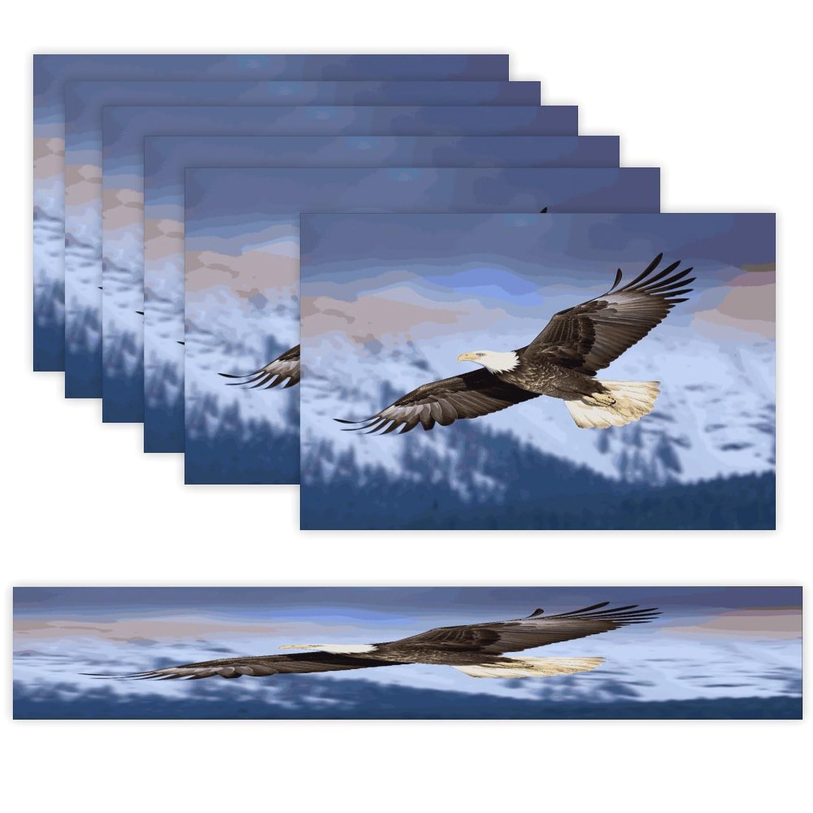 Bald Eagle Flying Table Runner and Placemats Set of 6 Modern Art Table Runners Table Mats Heat Resistant Non-Slip Place Mats Washable Linen Dining Mat Sets for Kitchen