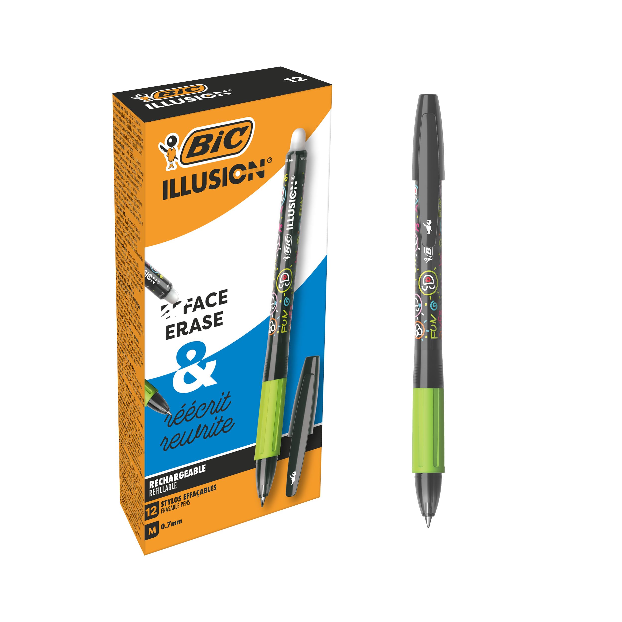 BIC Illusion Erasable Refillable Ballpoint Pens with Medium Point (0.7mm) - Black, Box of 12