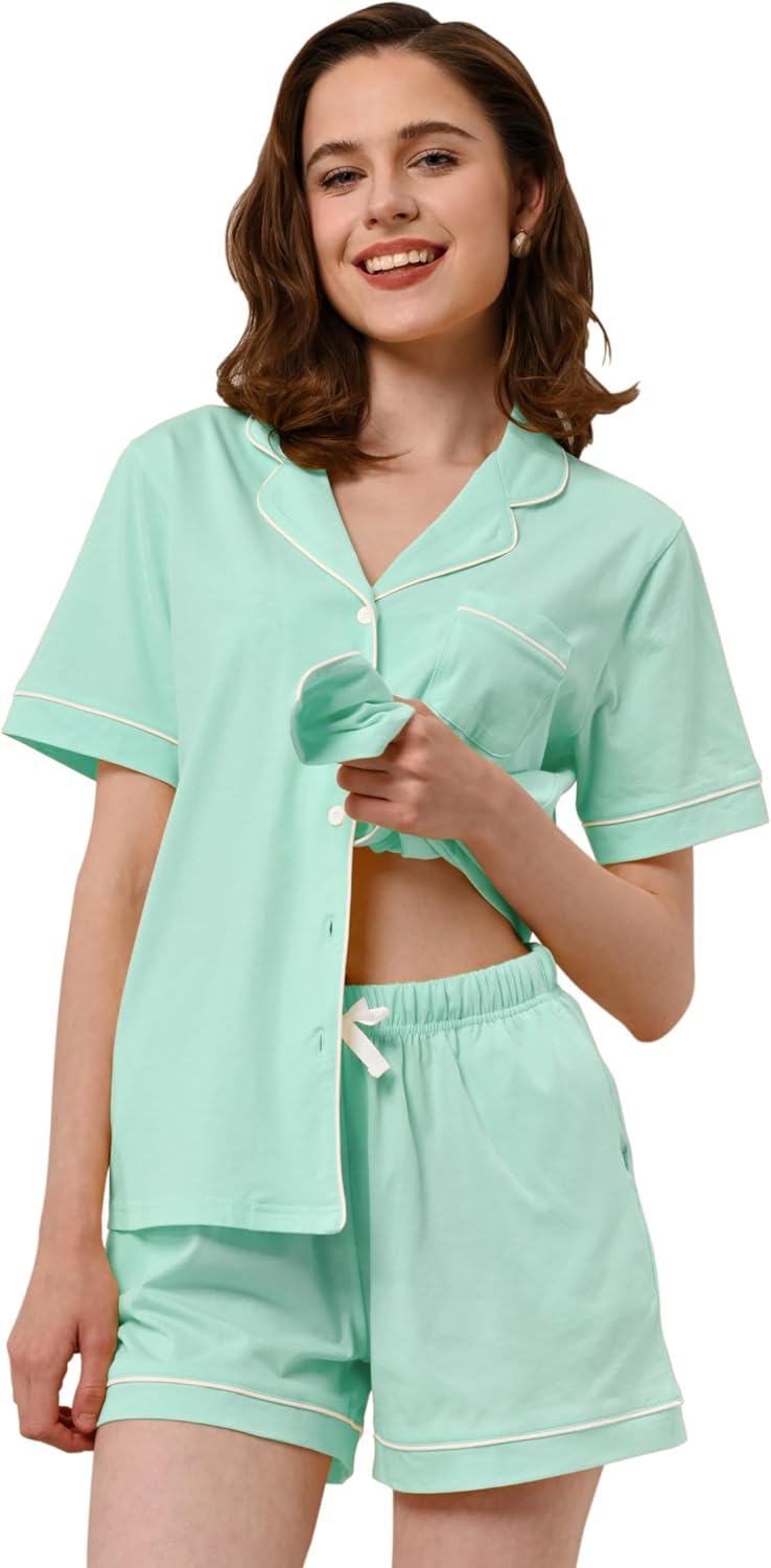 100% Cotton Pajamas for Women Sets 2 Pieces Pjs Button short sleeves with Pockets Soft Sleepwear Loungewear XS-XXL