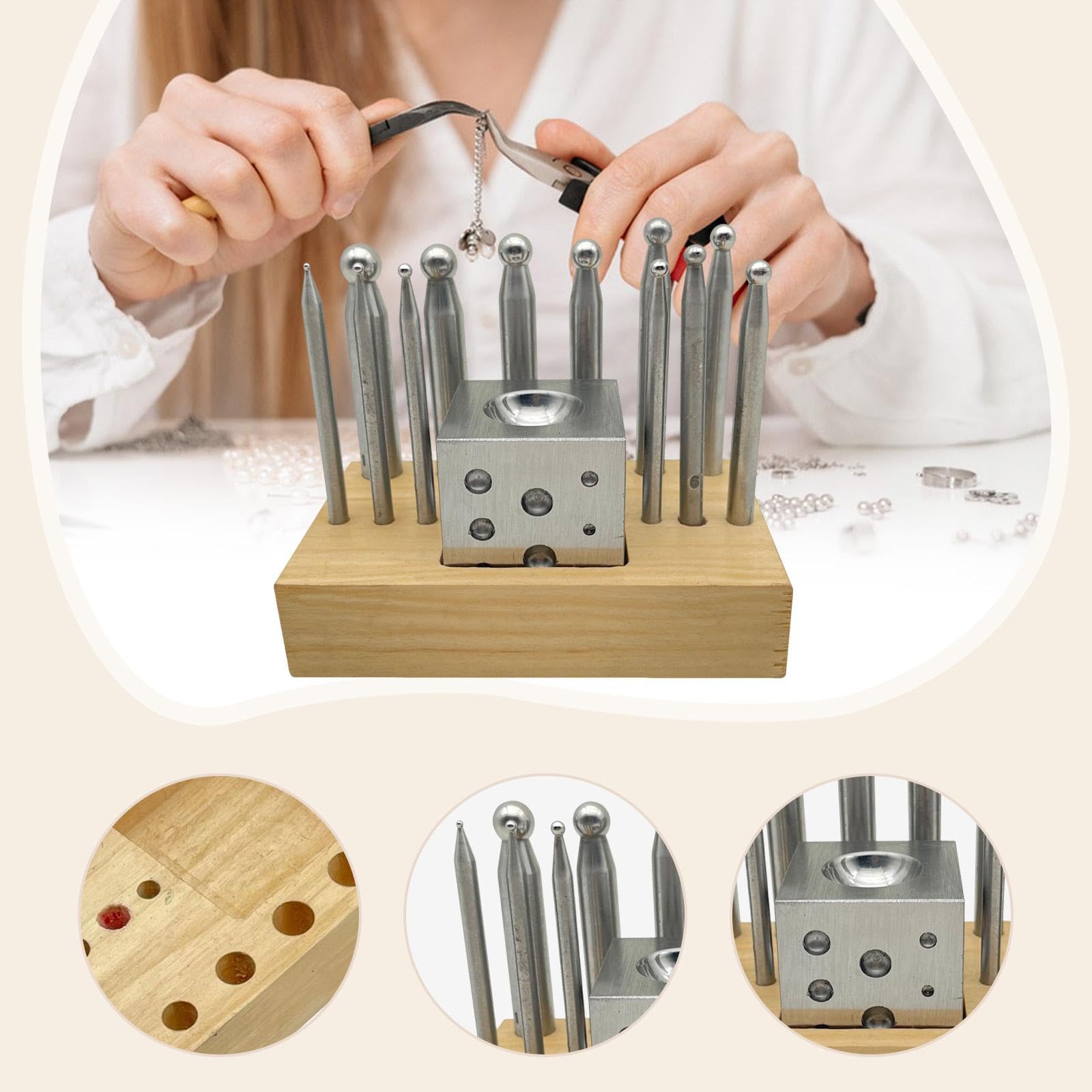 Perfeclan Kit 13 Outils formage métaux à Damper et à poinçonner, avec Base en Bois, pour la Fabrication Bijoux et Autres créations.