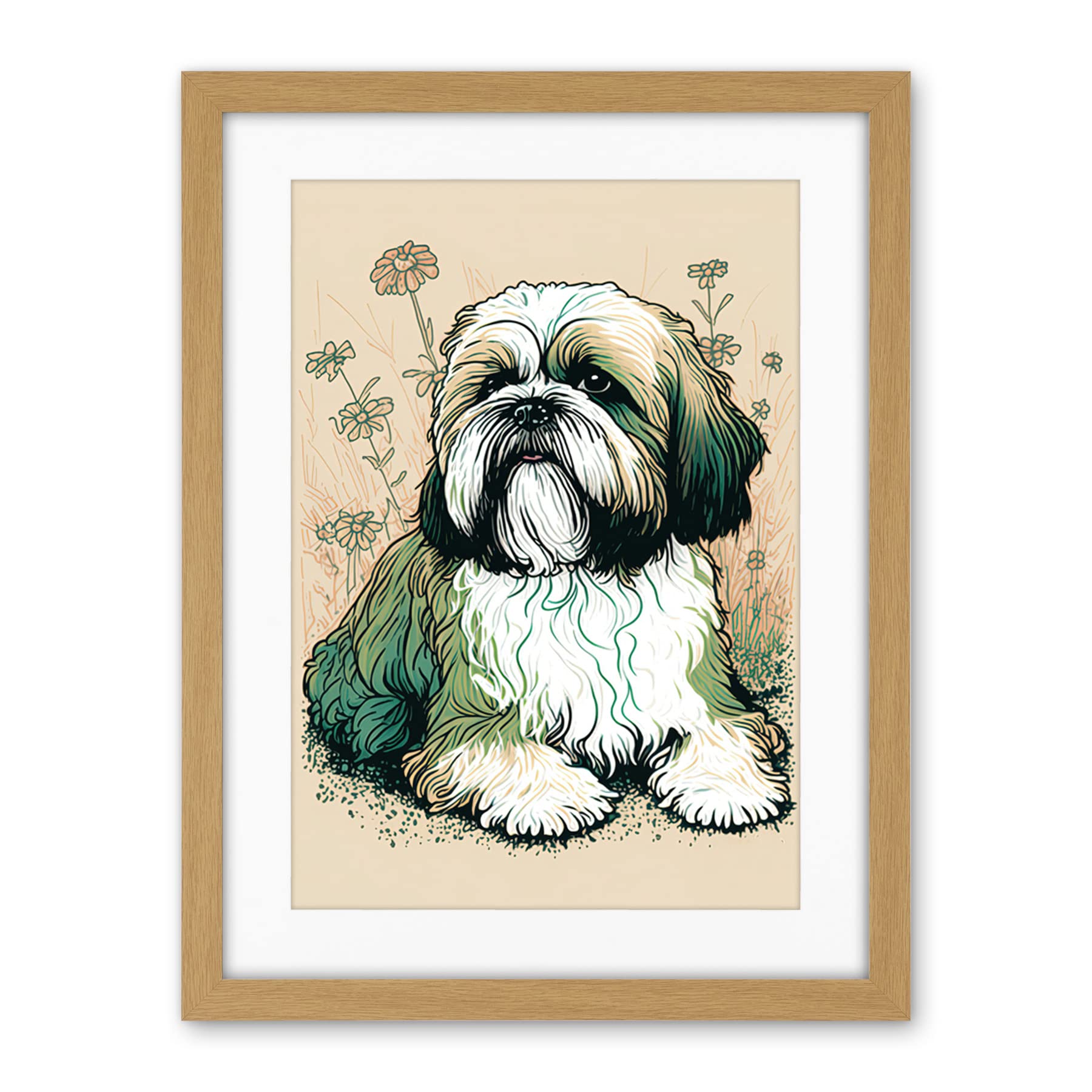 Artery8 Shih Tzu Dog with Daisies Modern Multicoloured Linocut Illustration Artwork Framed Wall Art Print 18X24 Inch