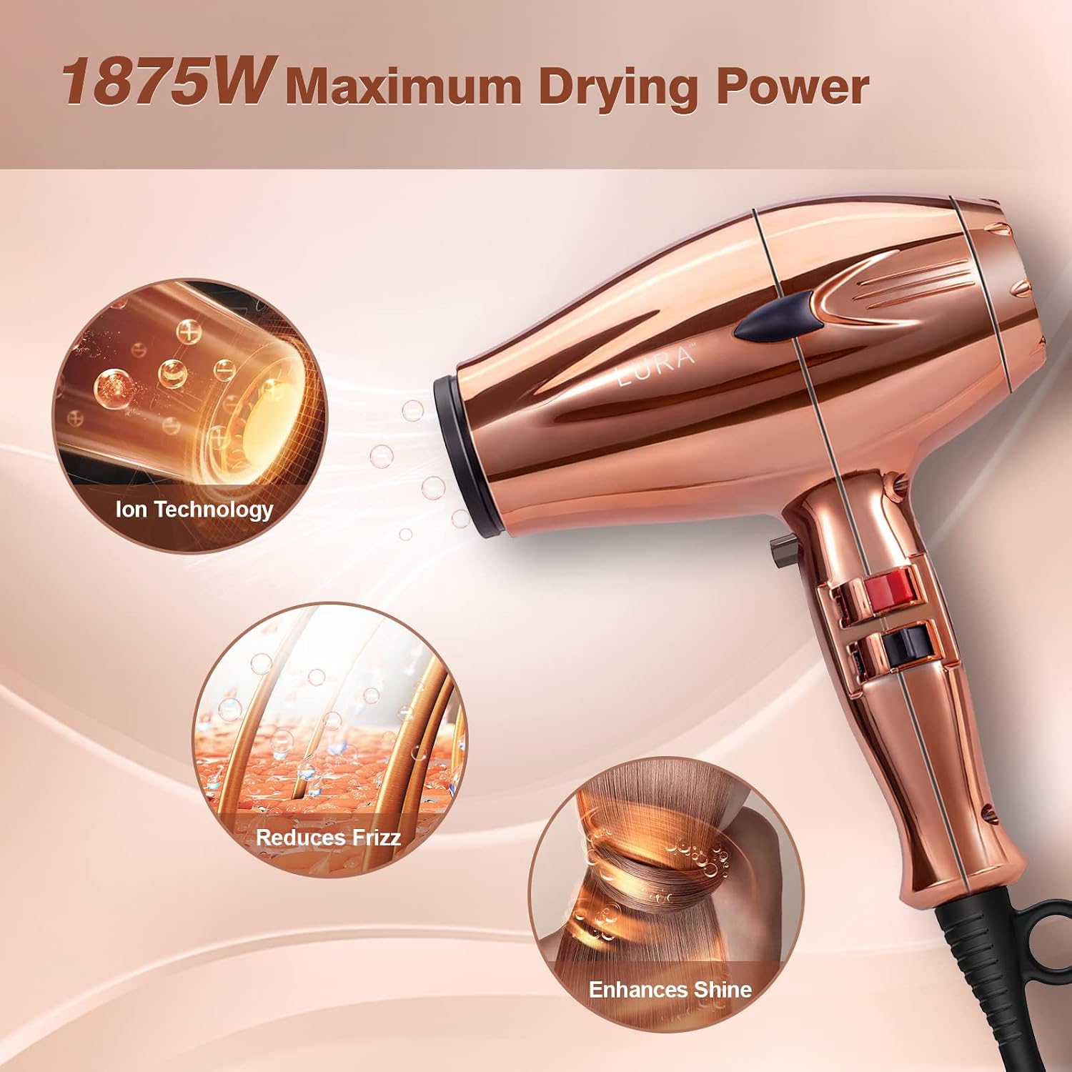 1875W Ionic Hair Blow Dryer, Professional Powerful Salon Hair Dryer with Diffuser & Concentrator Attachments, 2 Speed 3 Heat Settings
