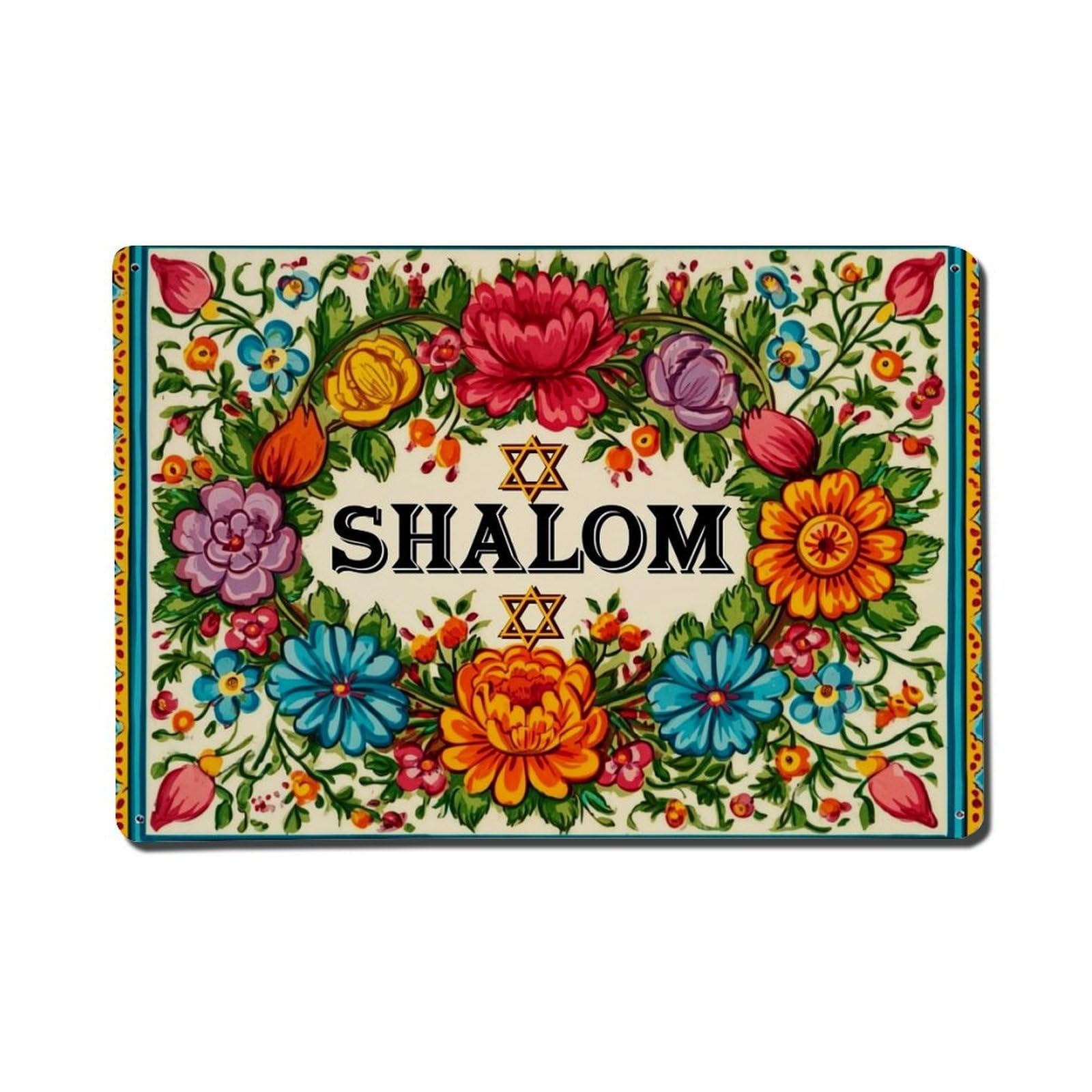 Floral Wreath Shalom Star Pattern Retro Metal Tin Sign, Vintage Decor Art Poster for Bar, Home, Man Cave, Kitchen, Laundry Room Gift 8x12Inch