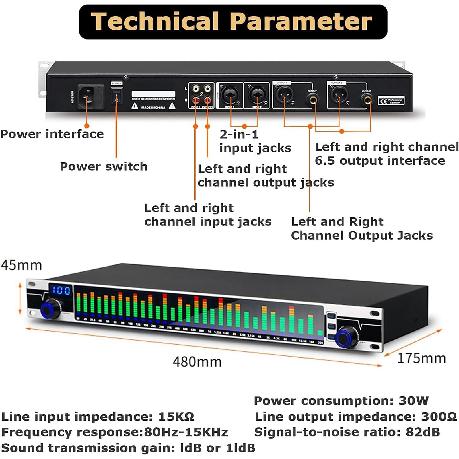 Ecualizador Gráfico de 31 Bandas – EQ de Audio Digital con Pantalla de Espectro LED, 10 Efectos Preestablecidos, Chip de Procesamiento DSP, para Estudio de Grabación