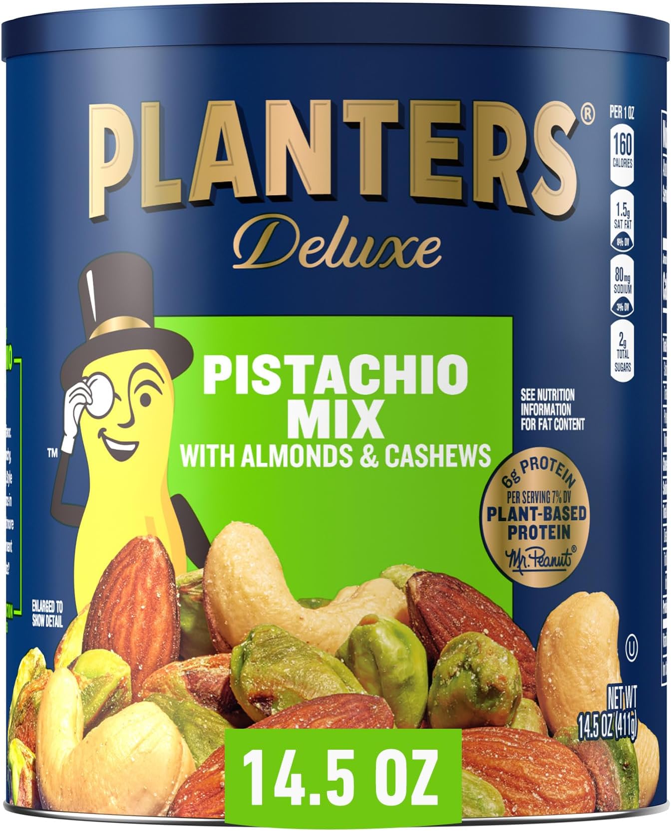 Deluxe Pistachio Mix, Party Snacks, Plant-Based Protein, 14.5 Oz Canister
