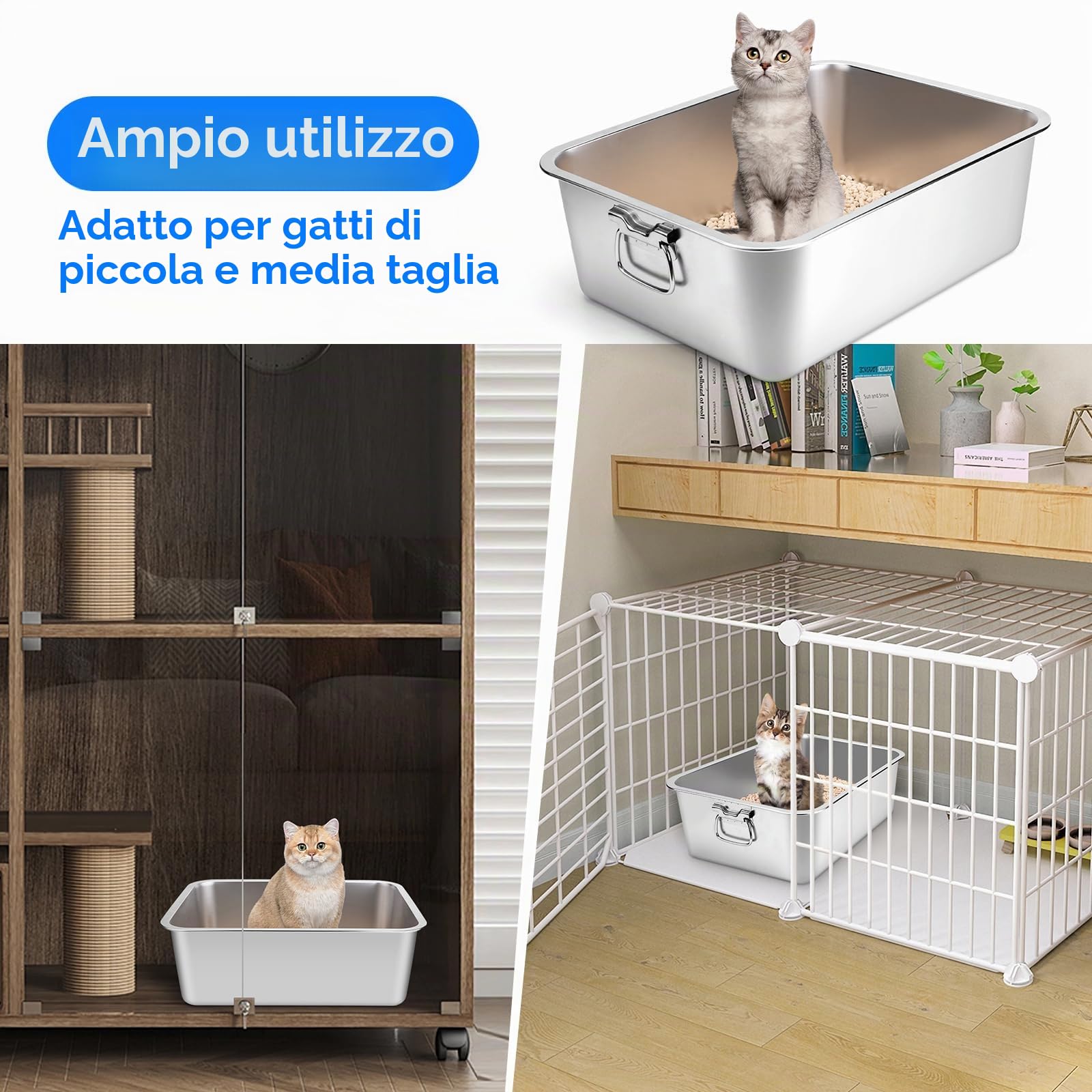 Lettiera per Gatti in Acciaio Inox, Lettiera con maniglia per gatti e Conigli, Plateau d'alimentation rabattable, lettiere antiodore, superficie liscia antiaderente (60x40.5x16.5cm)