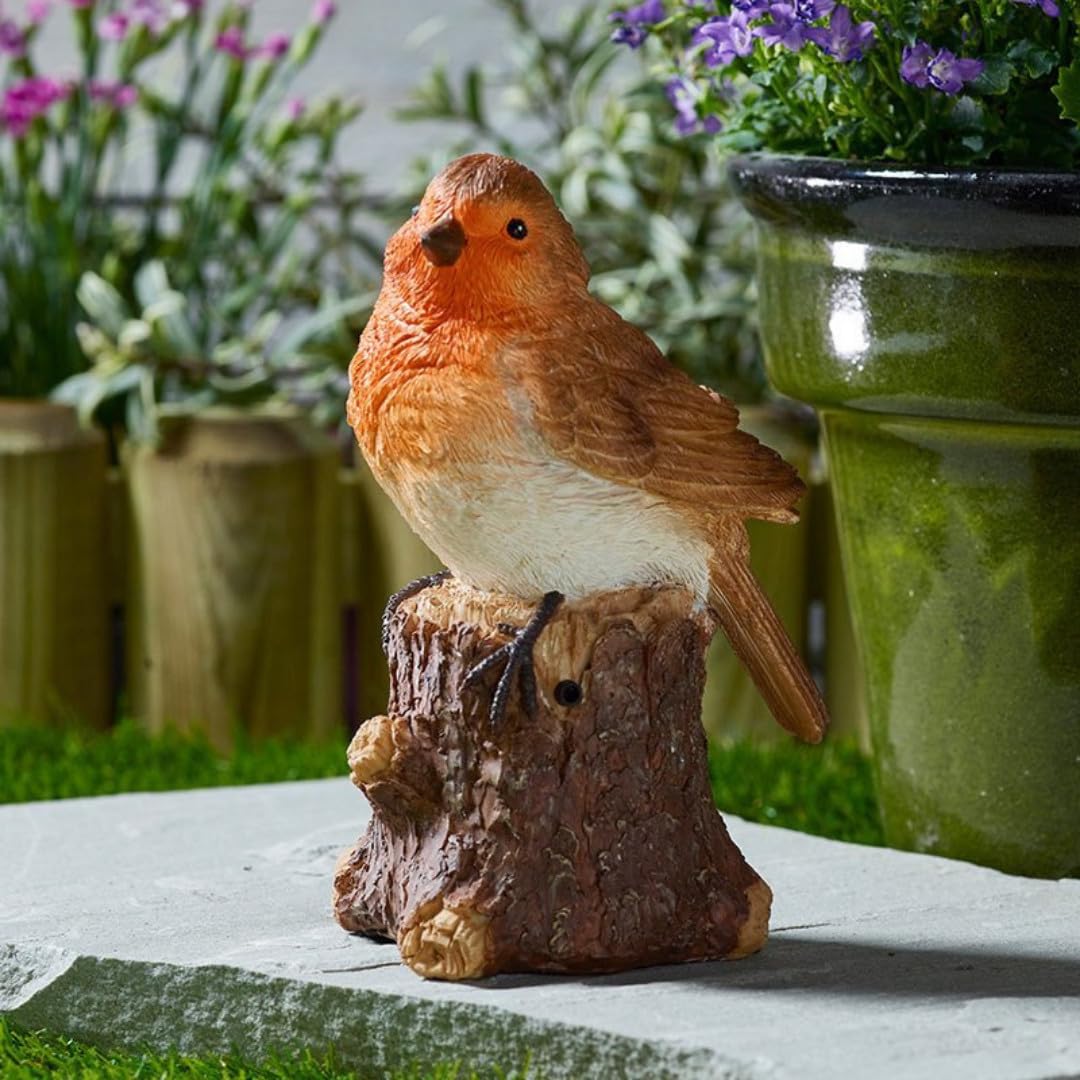 Garden Mile Singing Robin Solar Garden Ornament Realistic Singing Bird Decoration, Hand Painted Resin Outdoor Solar Powered Sound Ornament for Garden, Patio & Memorial Gift