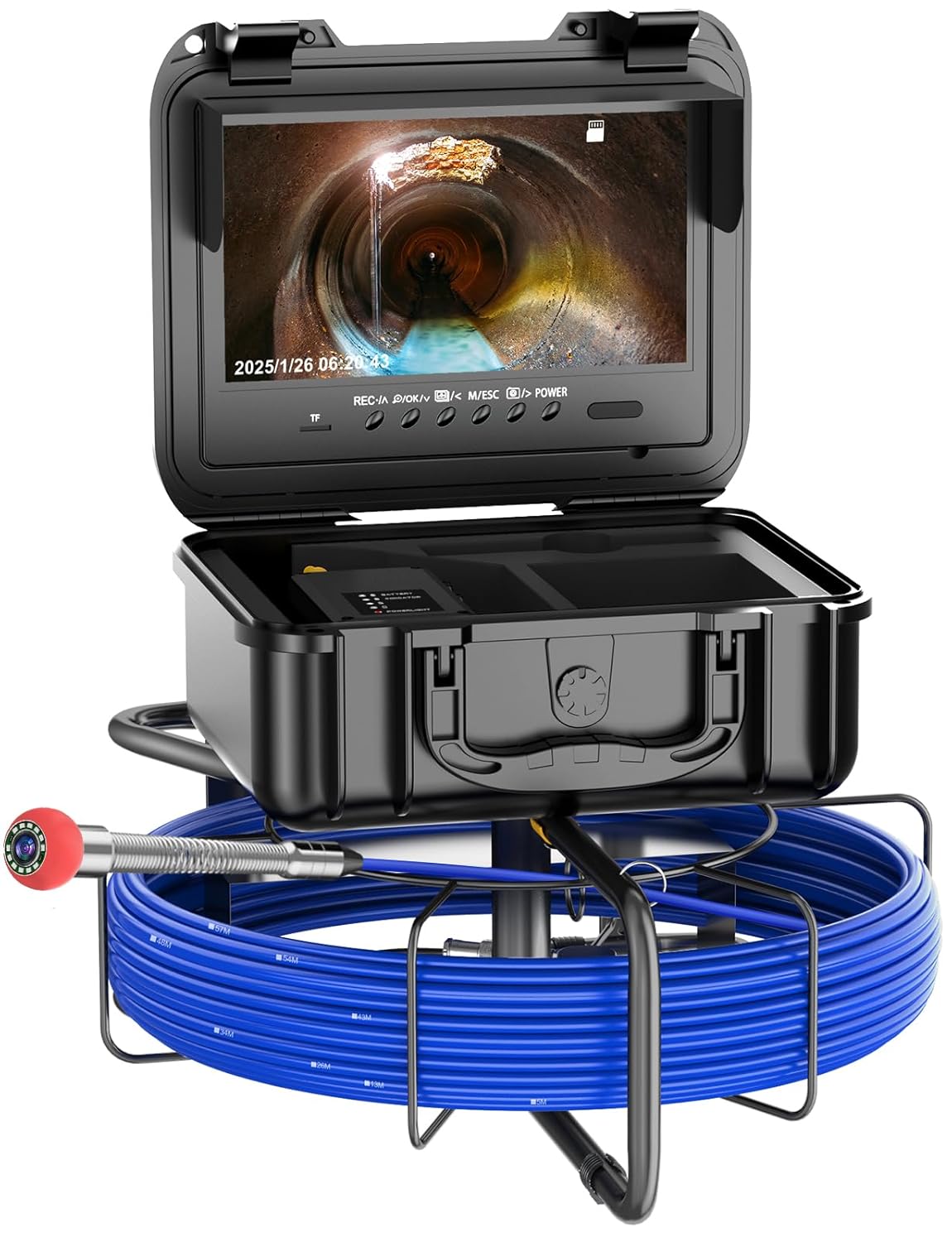 Anysun Sewer Camera Self Leveling with Length Mark, 7MM Thick Pushrod, 32GB Card, 9'' HD Monitor with DVR, 150Ft Sewer Scope Pipe Drain Plumbing Inspection Camera IP68 Borescope w/Adjustable LEDs