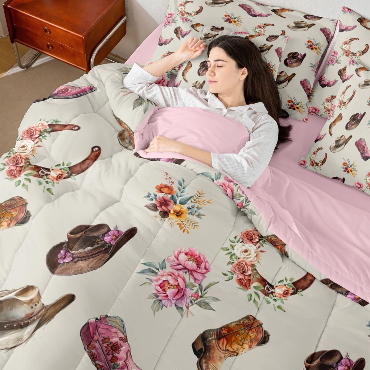 Erosebridal Floral Horseshoe 7-Piece Bedding Set Full Size for Farmhouse | Cowgirl Hats Boots Bed in a Bag Teen Girl Cute Western Comforter Set with Sheets Western Boho Floral Duvet Insert