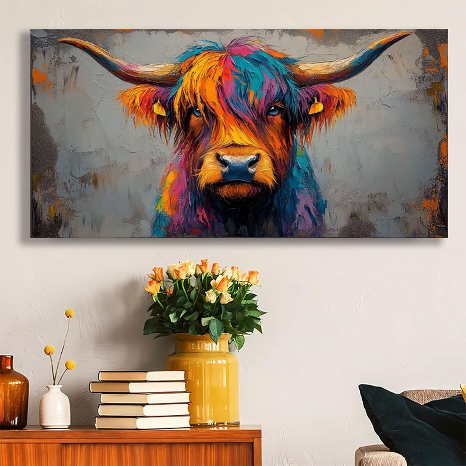 Malen Nach Zahlen Hochlandrinder,Tier Malen Nach Zahlen Erwachsene mit Rahmen 70x140cm,Paint by Numbers ab 5-10 Jahre Mädchen Geschenke,DIY Ölgemälde Set mit Pinseln Acryl,Wanddeko Wohnzimme LE-373