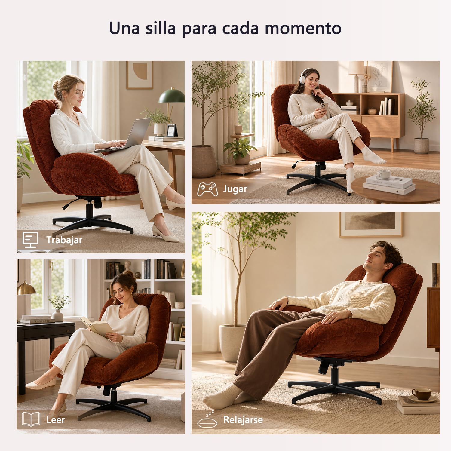 MEUBLE Cosy Sillón Giratoria Butaca de Salón con Altura Ajustable Función de Inclinación, Silla Lectura con Tapizado en Tela de Chenilla, Rojo