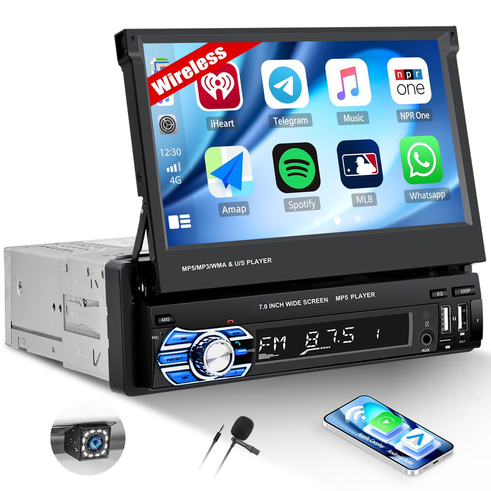1DIN Autoradio avec Écran Rabattable et Carplay et Android Auto sans Fil, Autoradio 1 DIN à Écran Tactile 7 Pouces avec Bluetooth/SWC/USB/FM + Caméra de Recul + Microphone