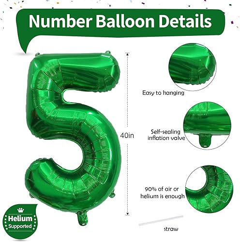 Miniatura 2 de Globos de 40 pulgadas color verde oscuro con el número 5, globos grandes autoinflables de 5 cumpleaños, juego de globos de números del 0 al 9