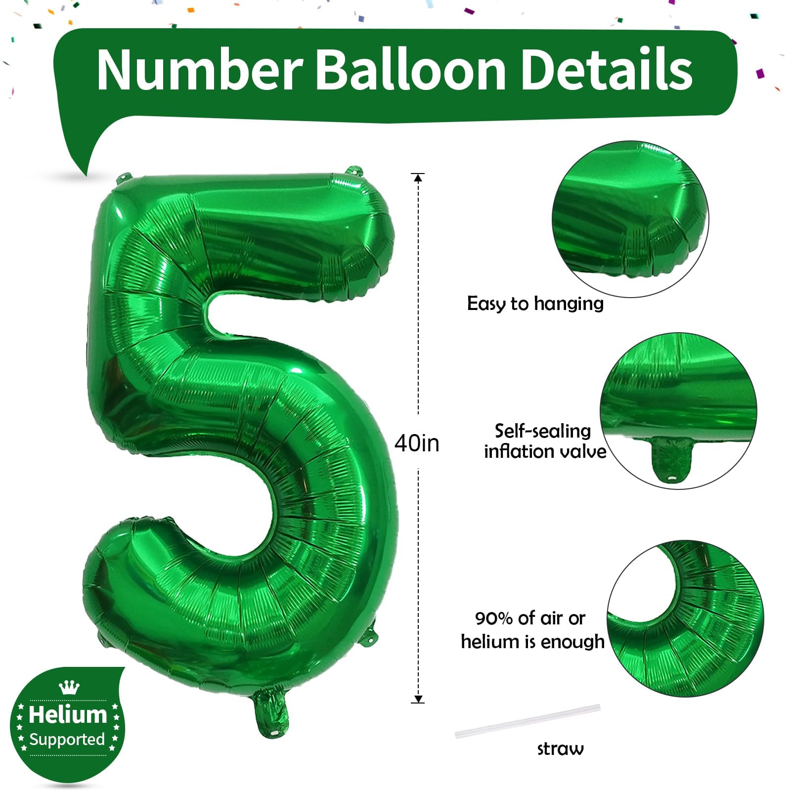 5. Geburtstag Zahlen Ballon für Mädchen, Dunkelgrün Große Folienballon 0–9 Set Zahlenluftballons, 40 Zoll Helium Grün Zahl 5 Luftballon für Jungen Geburtstagdeko Dinosaurier Jungle Party Dekoration