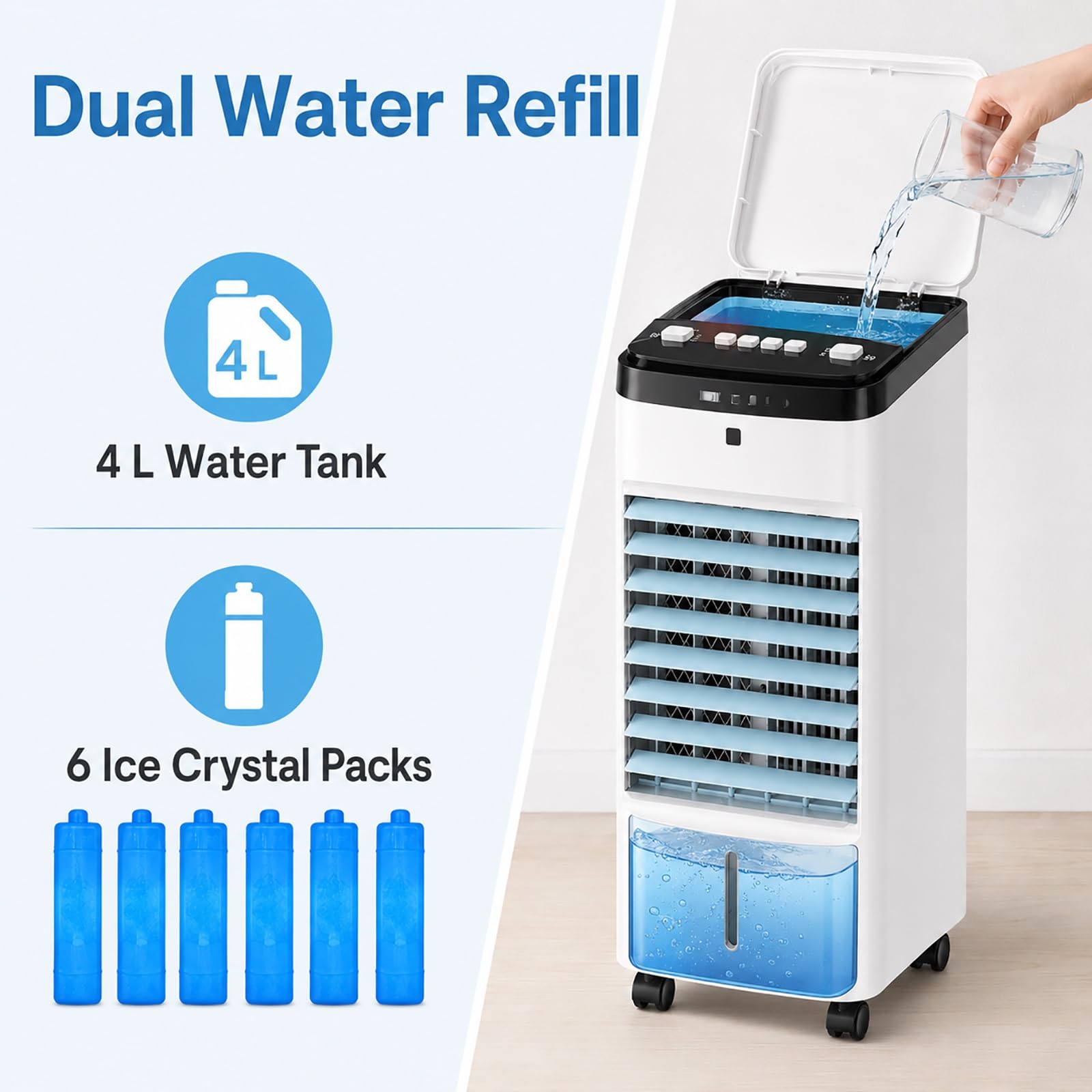 Enfriador de Aire con Ruedas, Climatizador Evaporativo Portátil con Depósito Agua, Ideal para Hogar, Oficina, Dormitorio
