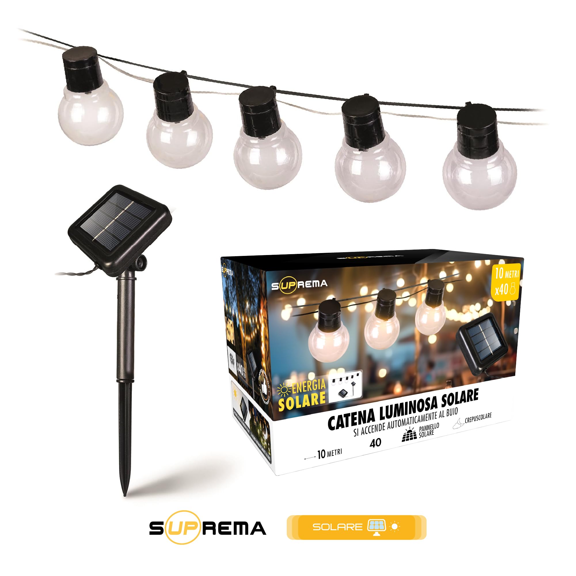 Suprema, Cadena luminosa exterior solar 10 m, 40 luces LED, sensor crepuscular, juegos de luces, USB-C, IP45, mando a distancia y accesorios incluidos