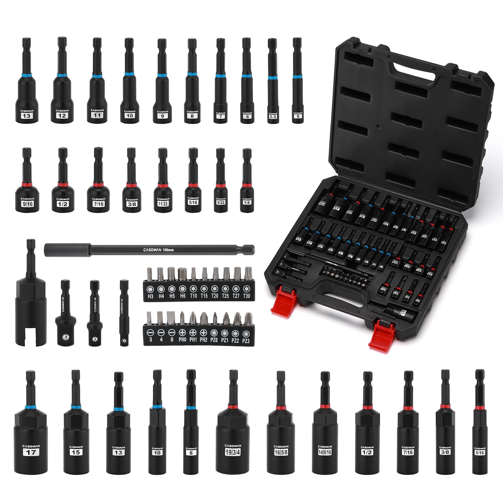CASOMAN 55-Piece Magnetic Nut Driver Set for Impact Drill Deep & Shallow, Metric & SAE, Includes Screwdriver Bits