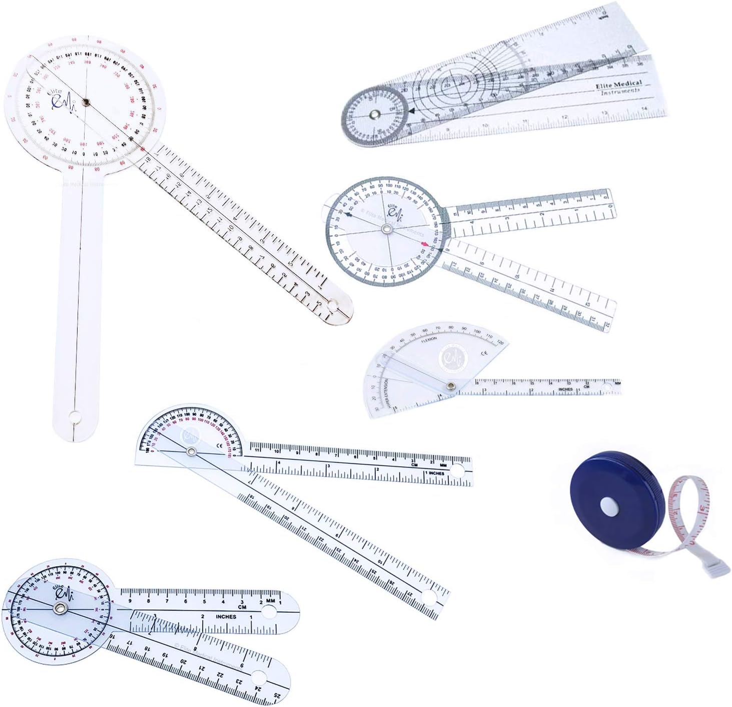 Elite Medical Instruments USA The Original 6 Piece Quality Goniometer Set Plus Measuring Tape - 7 Pieces Total EGM-431